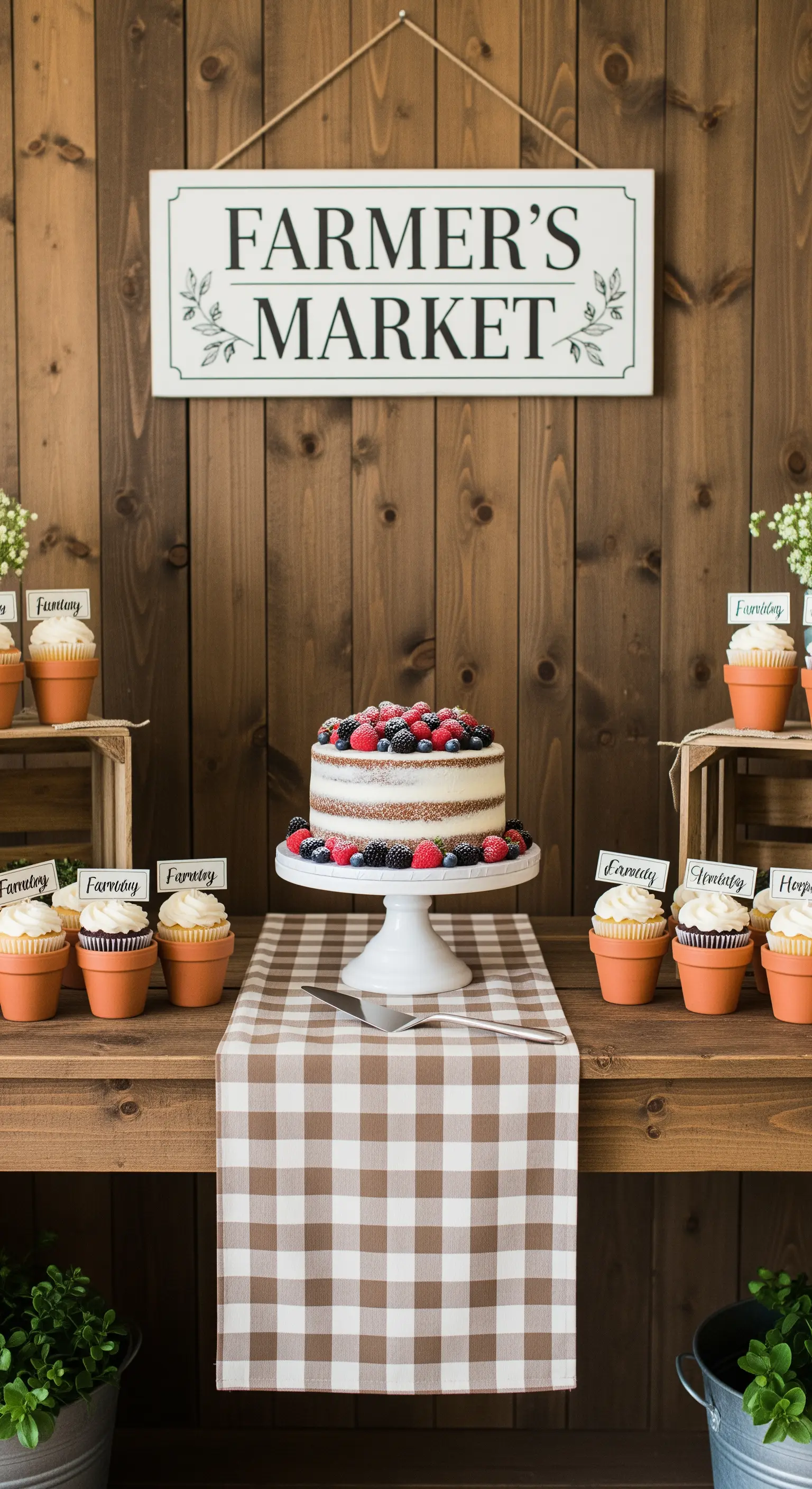 Naked cake con frutti di bosco e cupcake in vasetti di terracotta, su un tavolo di legno rustico