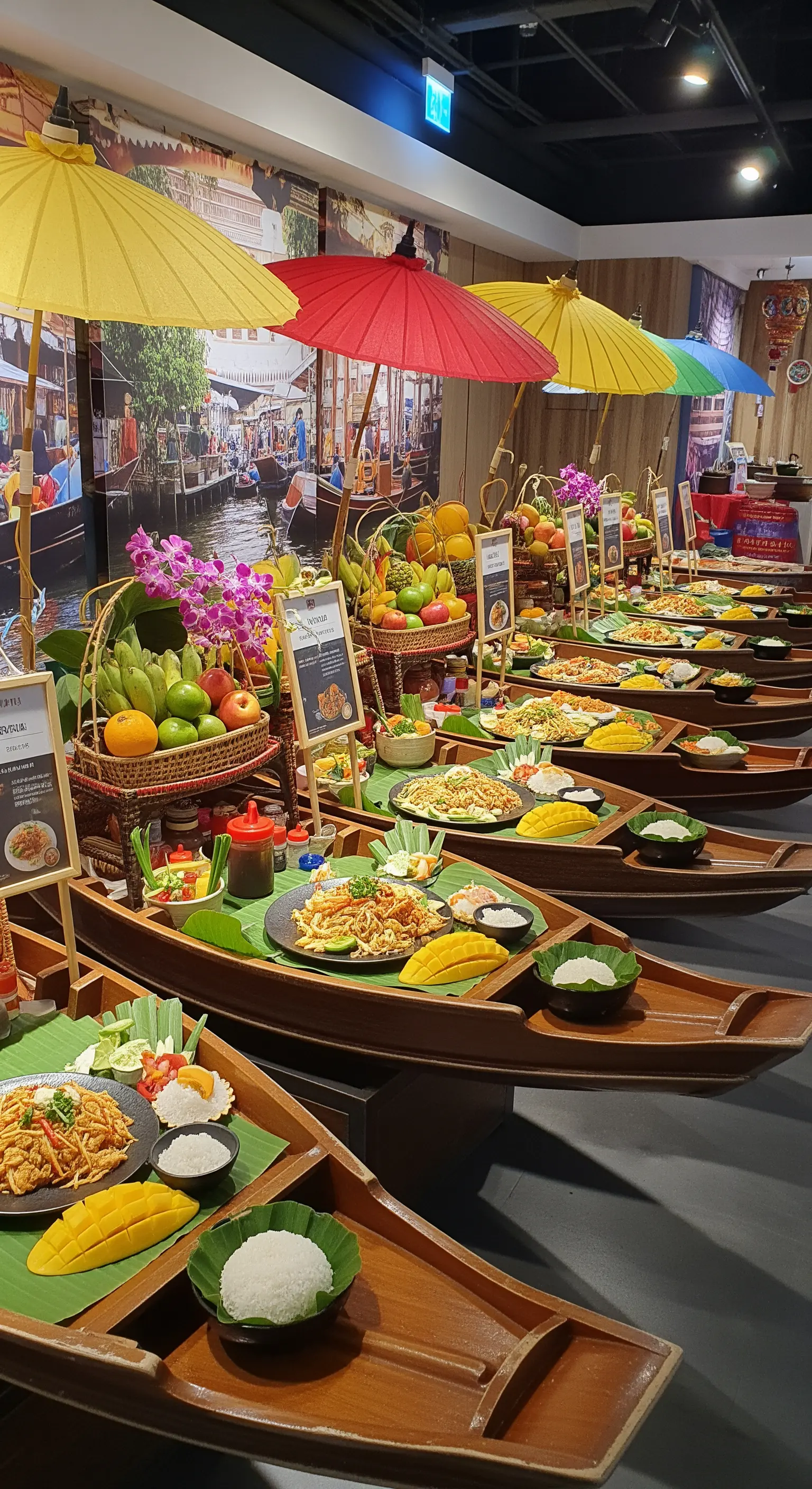 Buffet a tema mercato thailandese con cibo servito all'interno di piccole barche di legno.