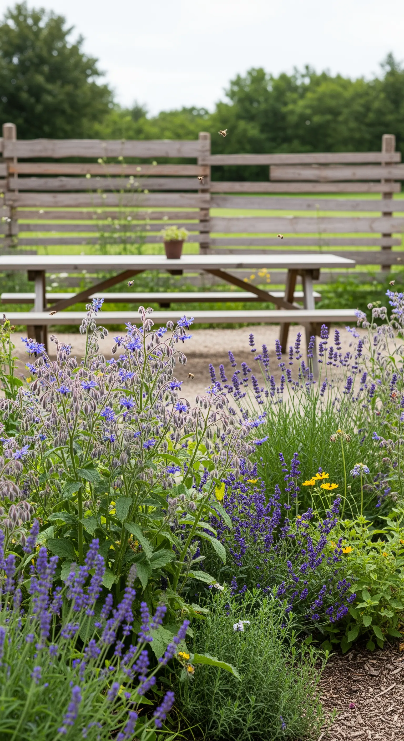Orto con fiori di borragine e lavanda che attirano le api.