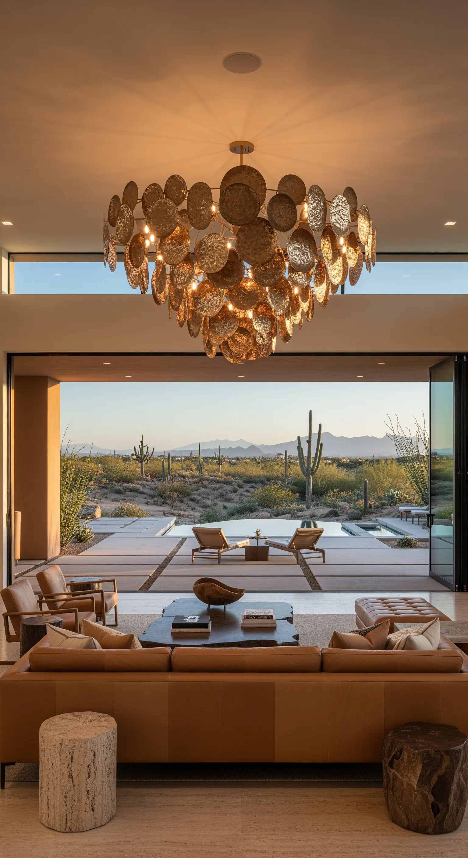Soggiorno moderno con vista sul deserto e un grande lampadario dorato in metallo martellato.