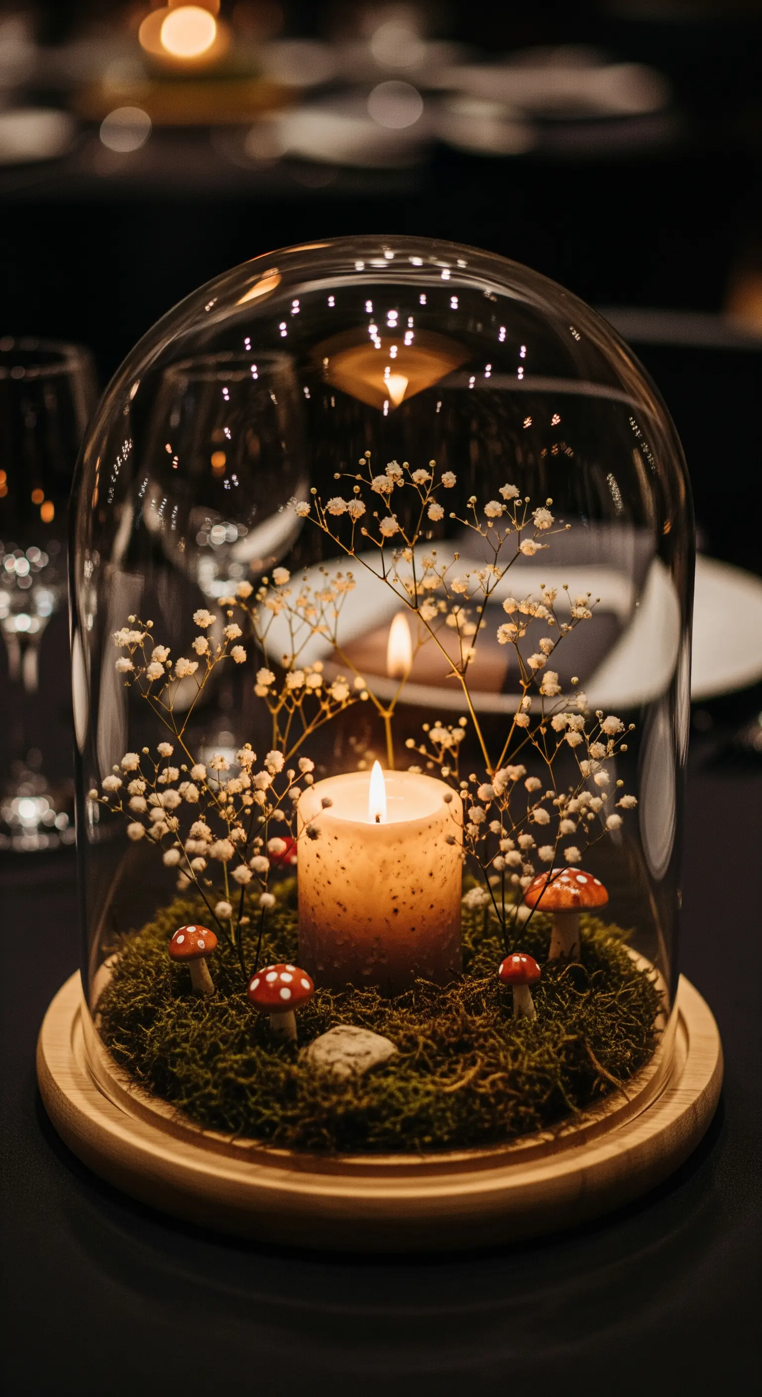 Candela e muschio sotto una campana di vetro, con piccoli funghi decorativi.