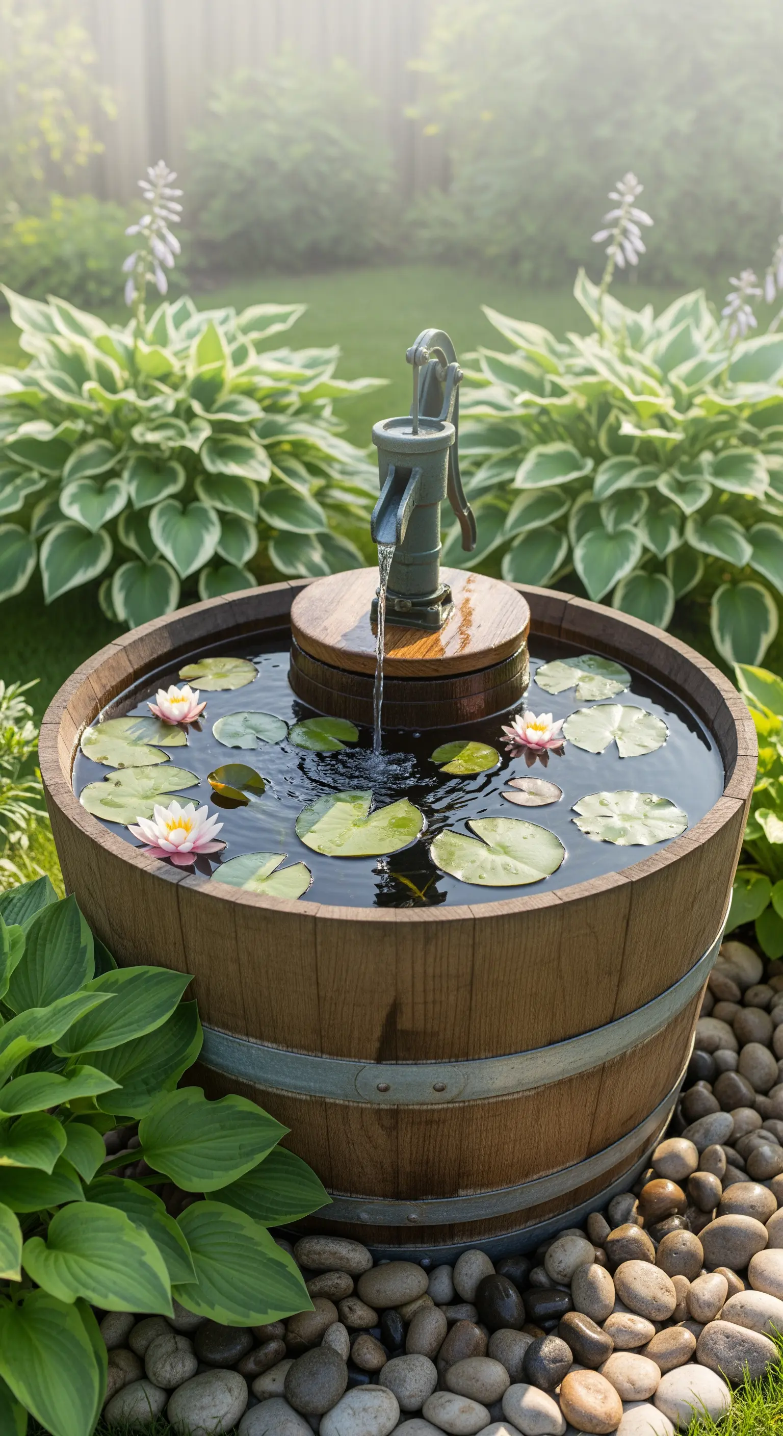 Mezza botte di vino trasformata in un piccolo stagno con ninfee e una pompa d'acqua manuale.