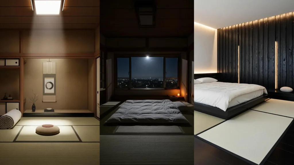 Selezione di camere da letto giapponesi minimaliste con futon, pavimento in tatami e un'atmosfera zen.
