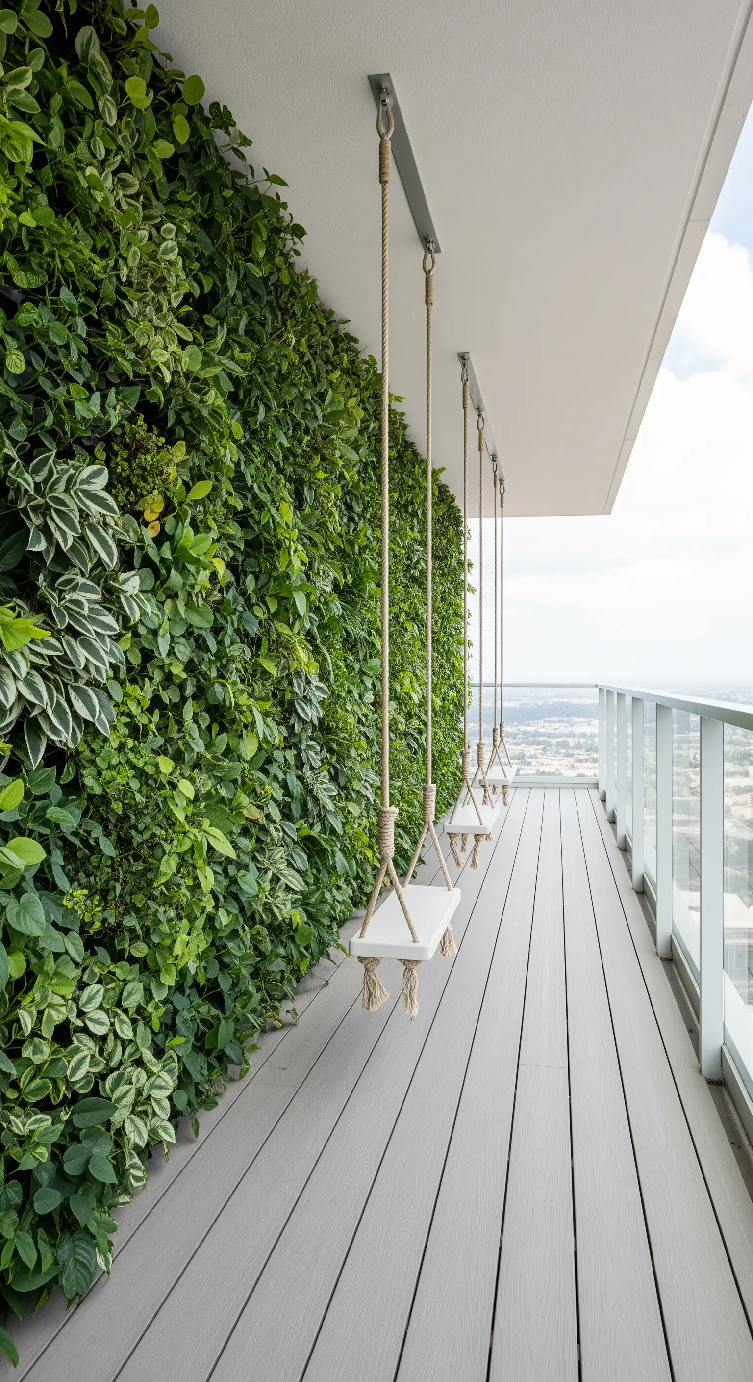 Una fila di altalene semplici sospese lungo una lussureggiante parete verde su un balcone moderno.