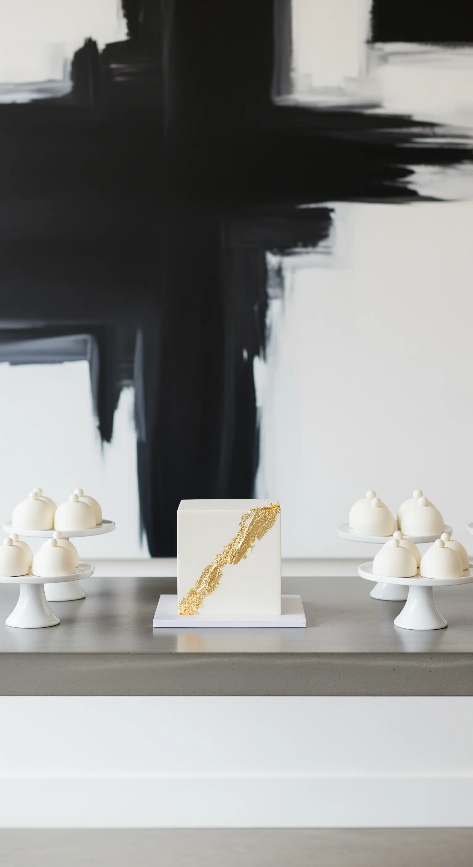 Torta bianca cubica con un dettaglio in foglia d'oro su un bancone grigio minimalista