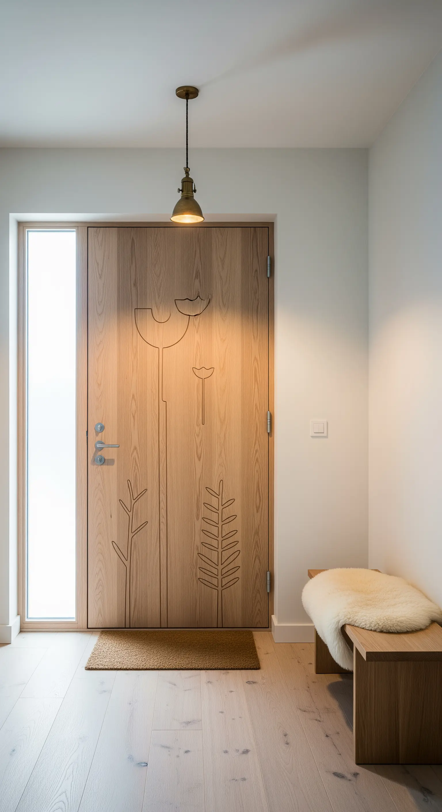 Ingresso minimalista con porta in legno chiaro con incisioni stilizzate e panca in legno.