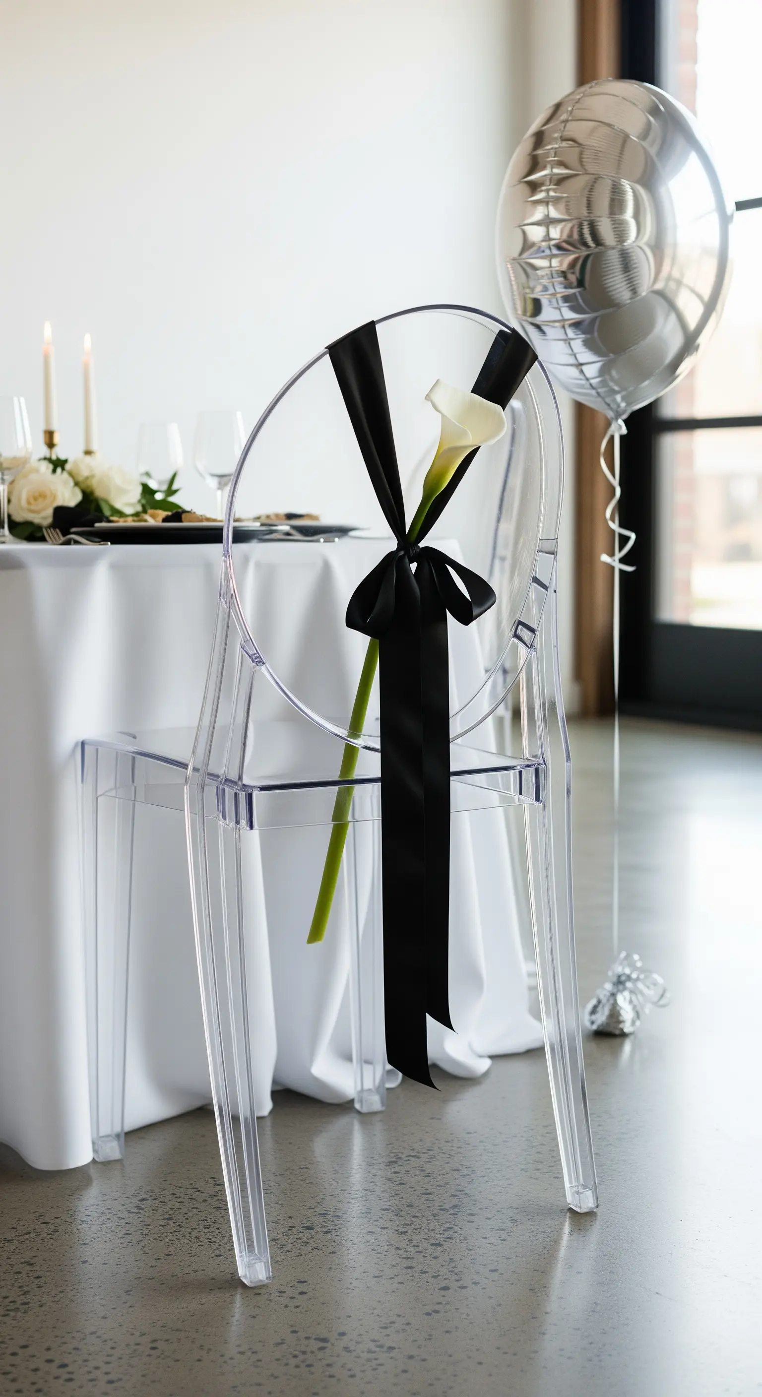Sedia trasparente con nastro nero, calla bianca e palloncino argentato per un look moderno.
