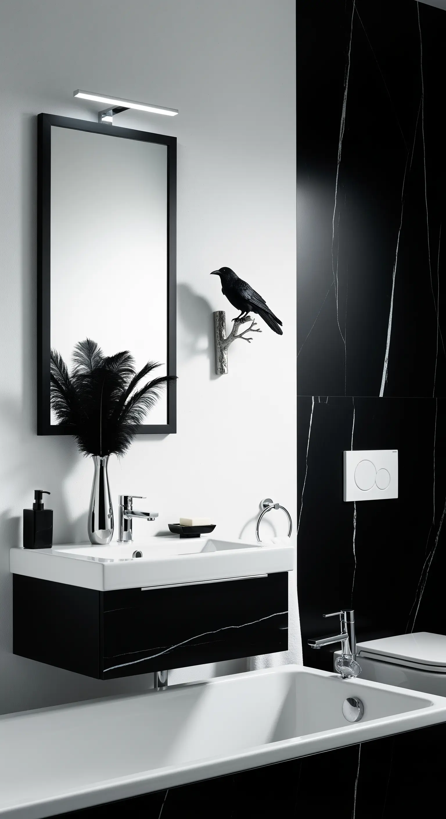 Bagno moderno in bianco e nero con un corvo nero decorativo appollaiato su un ramo