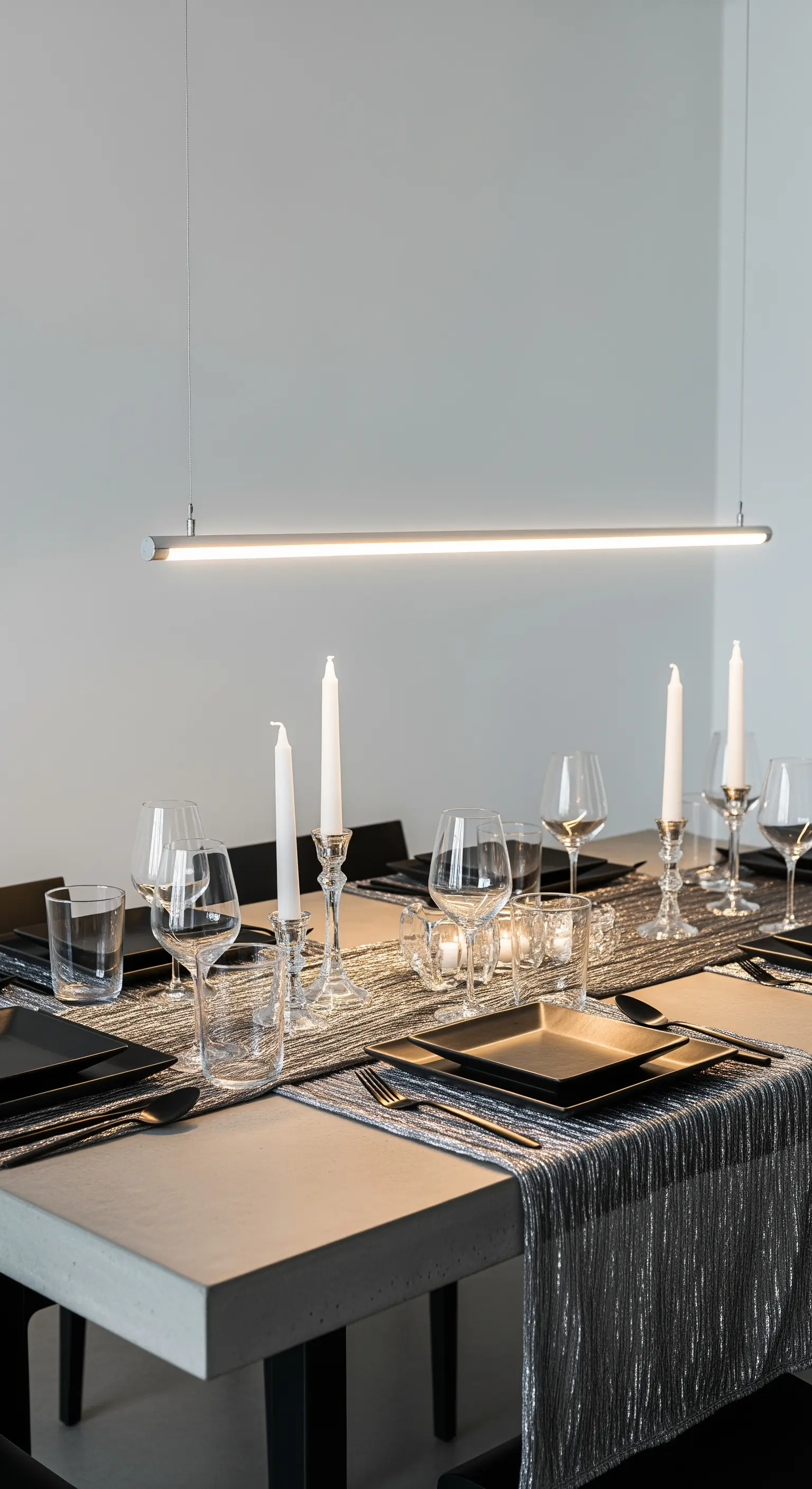 Tavola minimalista con runner metallico, piatti neri e lampada a sospensione lineare.