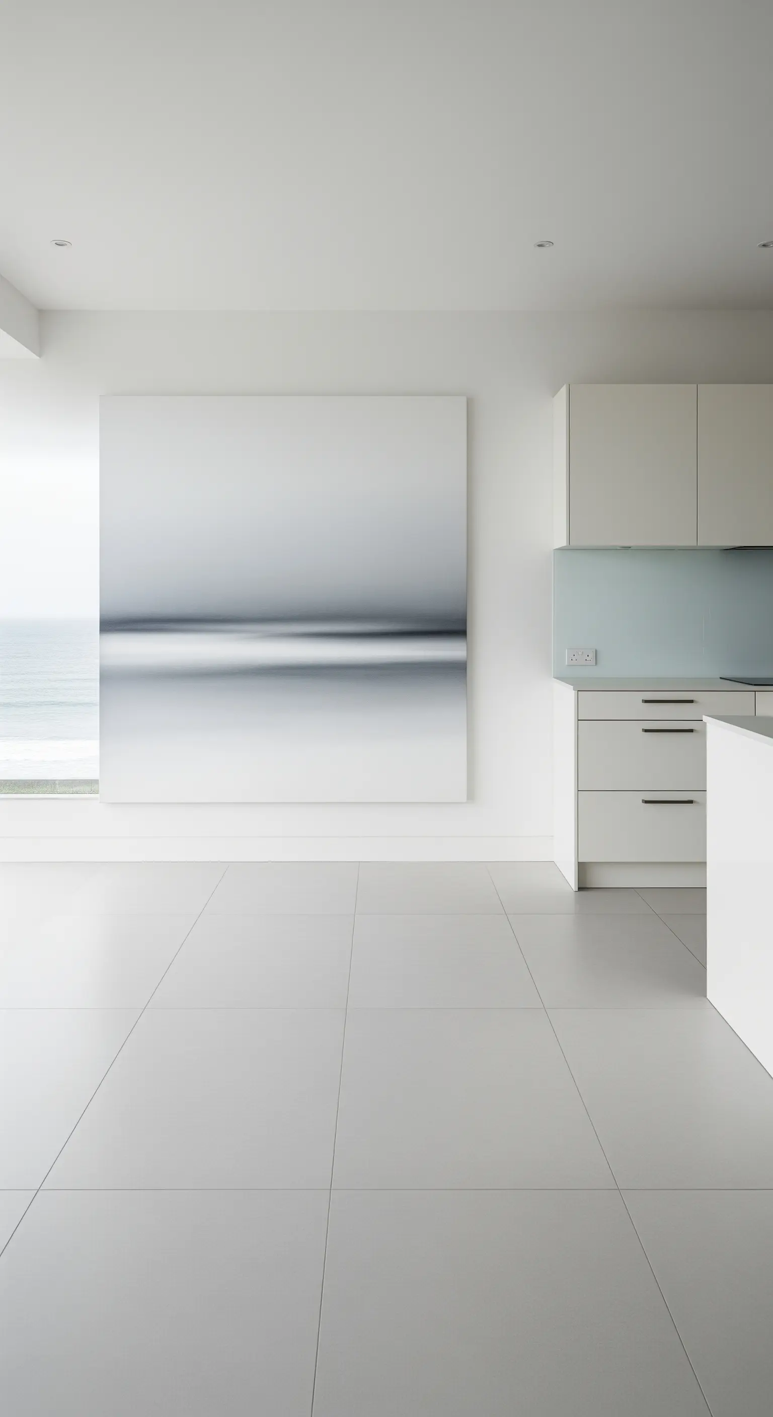 Cucina minimalista total white con vista sul mare e un quadro astratto che evoca l'orizzonte.