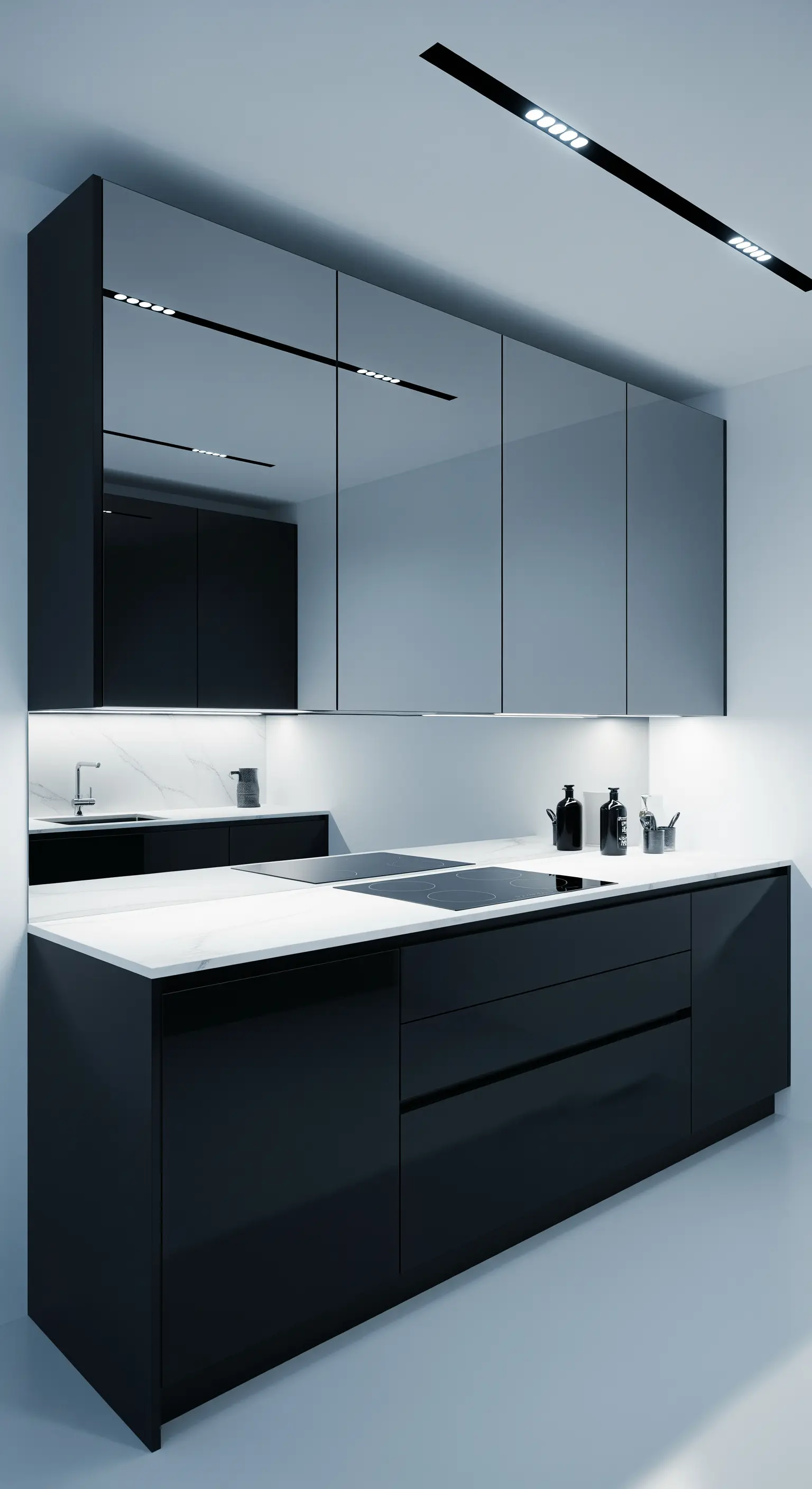 Cucina minimalista nera con pensili interamente rivestiti di specchi fumé.