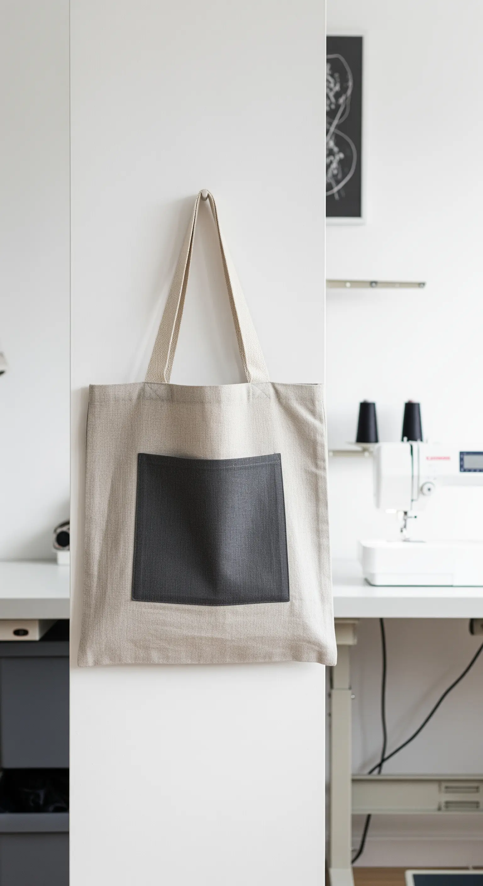 Borsa shopper in lino grezzo con tasca esterna in tessuto scuro a contrasto.
