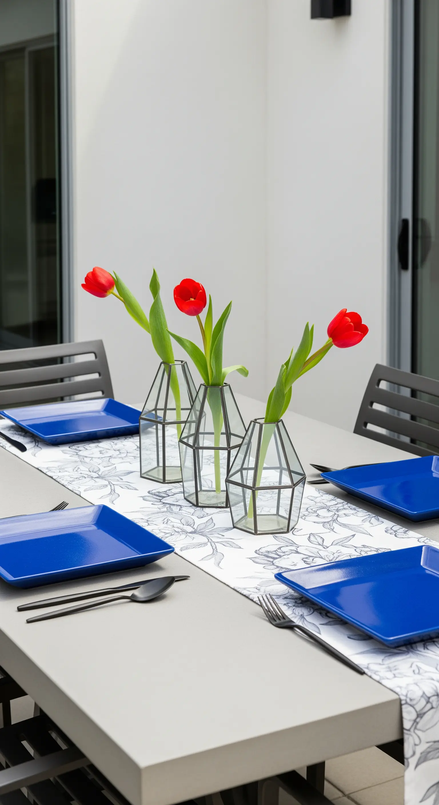 Tavolo da patio moderno con runner grafico, piatti blu e tulipani rossi in vasi di design.