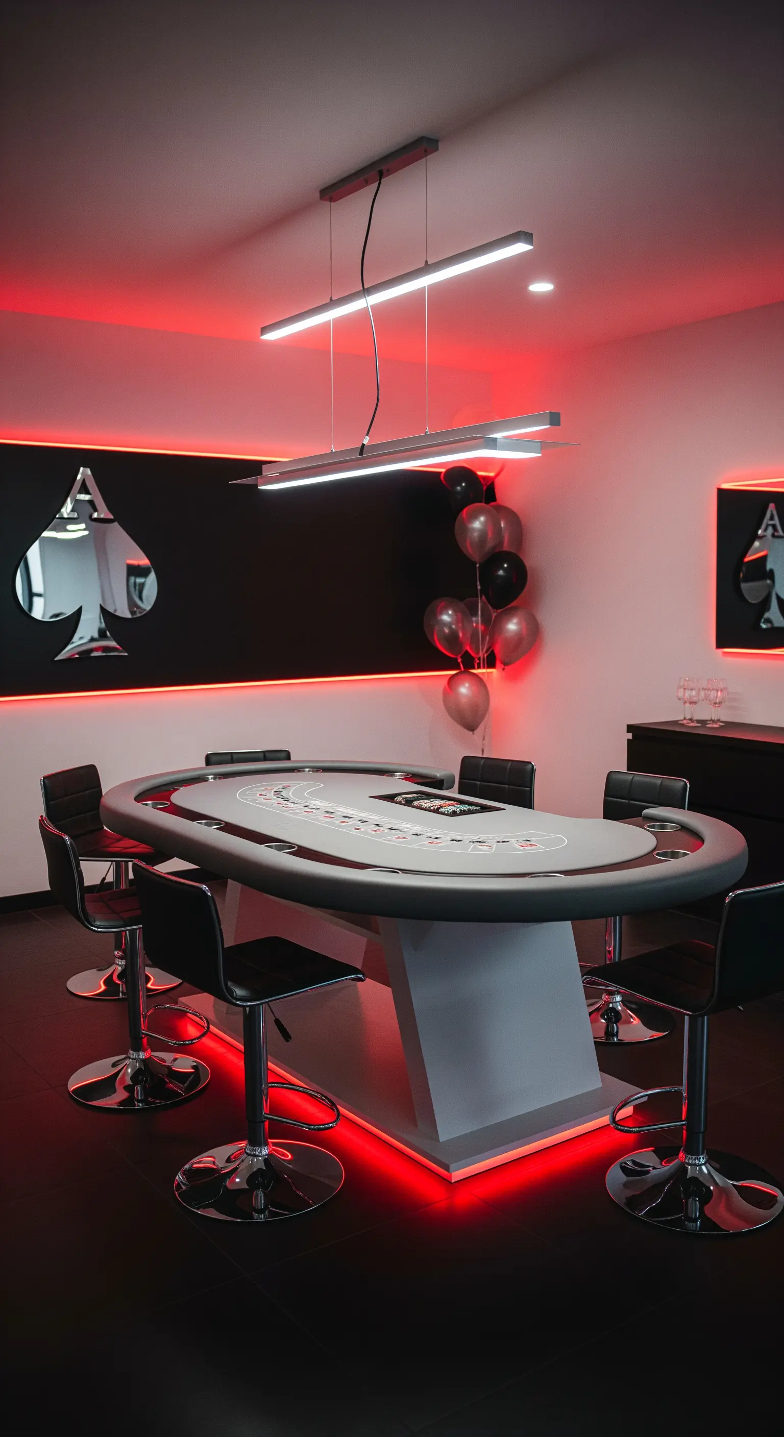 Tavolo da poker moderno con illuminazione a LED rossa alla base e specchi a forma di picche.