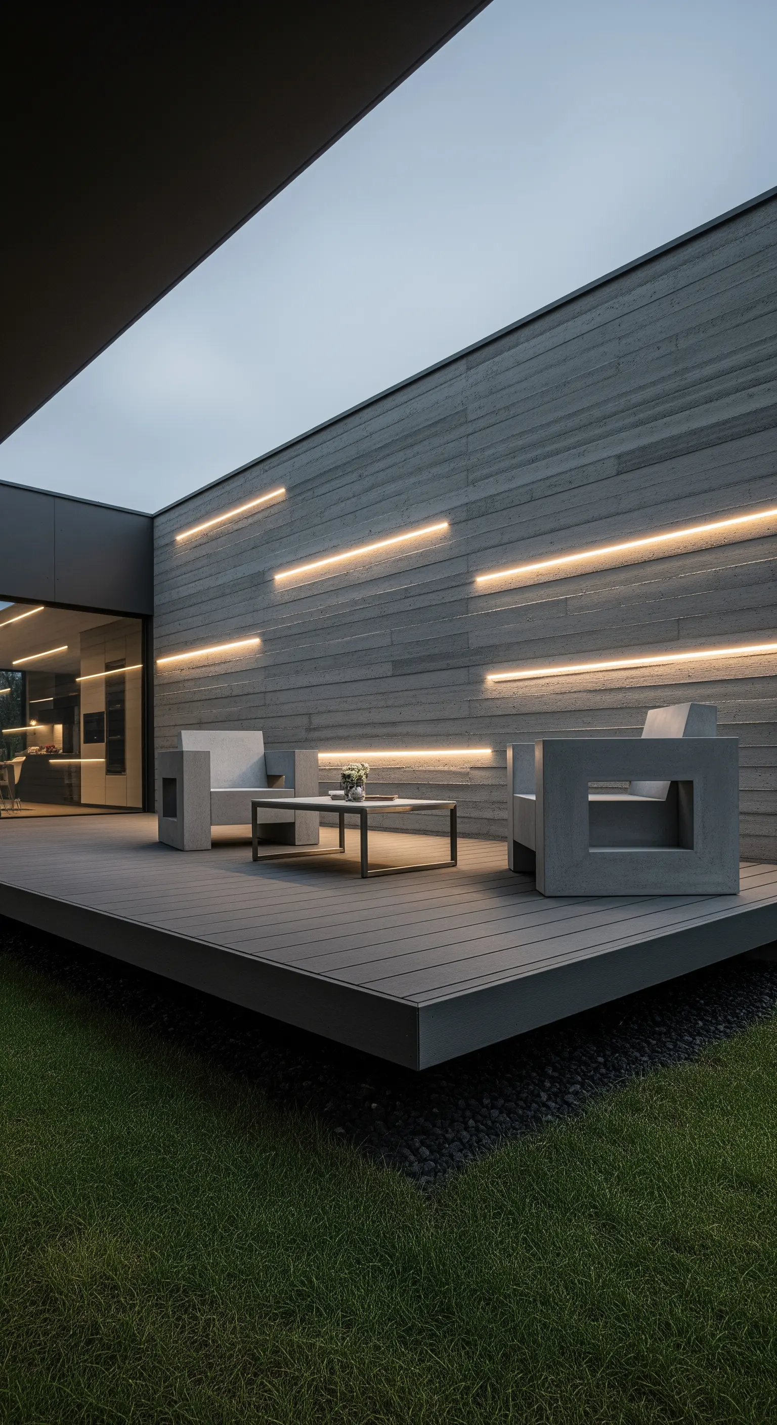 Patio minimalista con parete in cemento e tagli di luce a LED orizzontali.