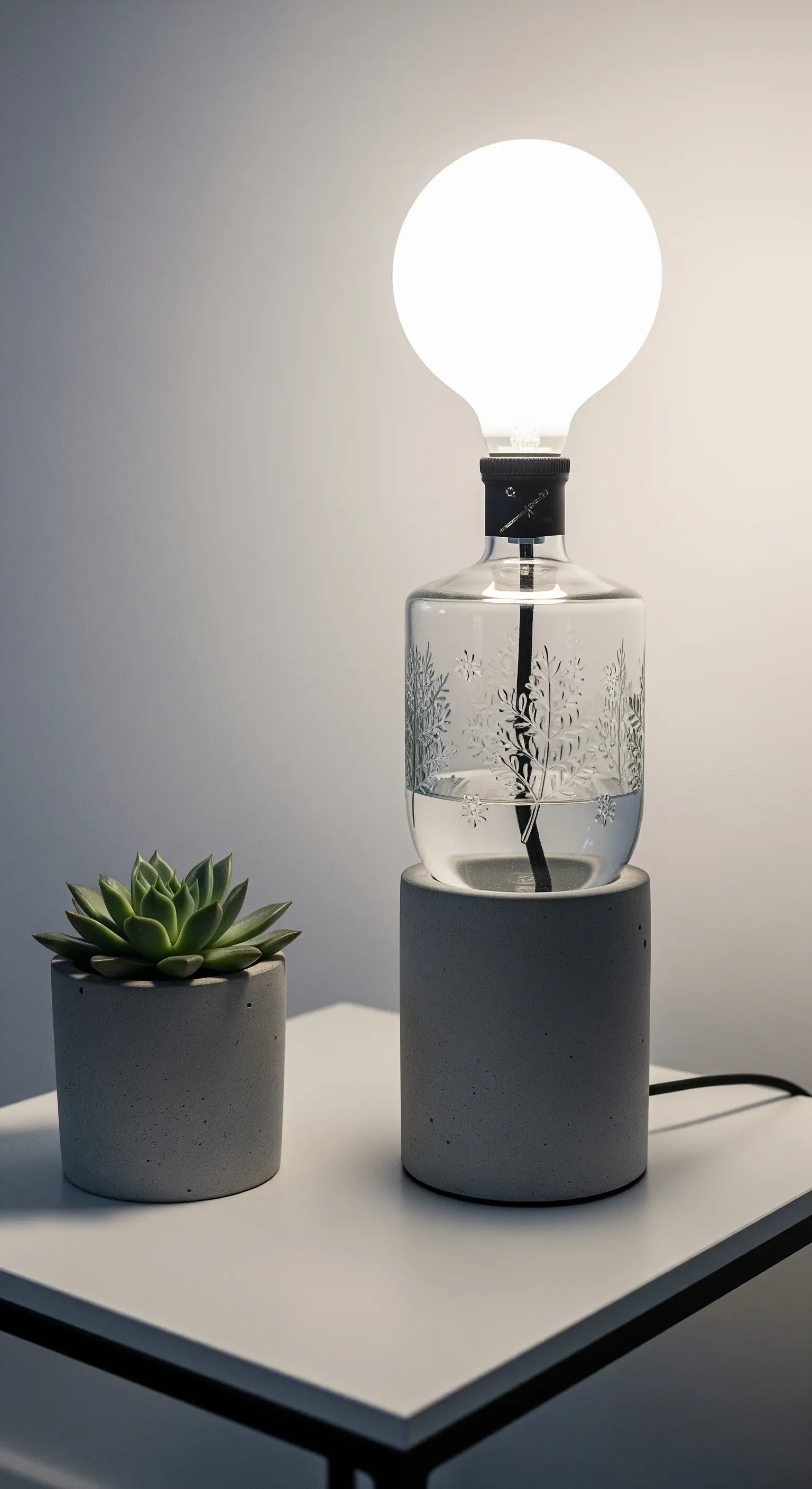 Lampada minimalista con bottiglia di vetro su base cilindrica in cemento.