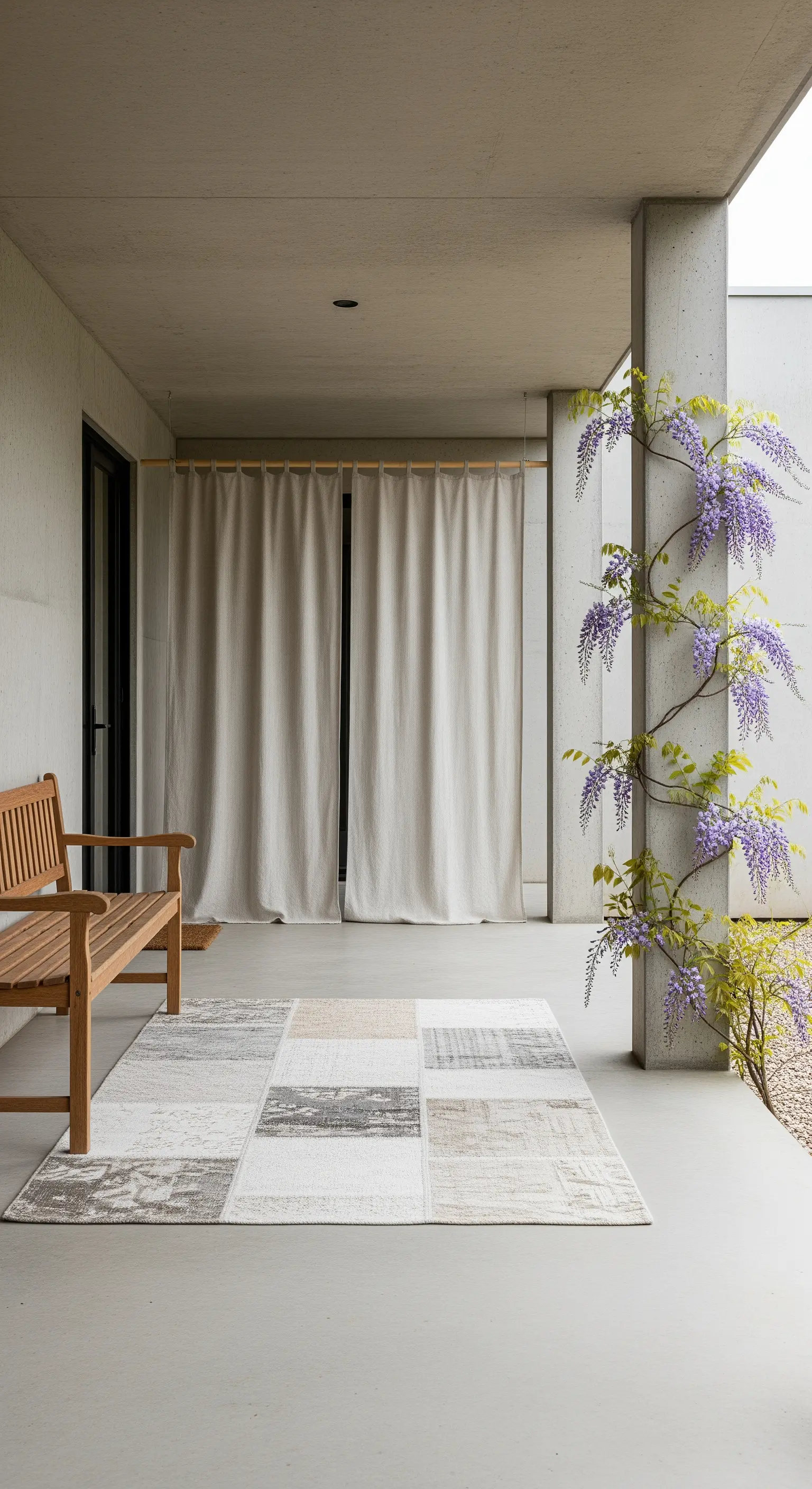 Portico minimalista in cemento con panca in legno, tappeto neutro e un glicine sulla colonna.