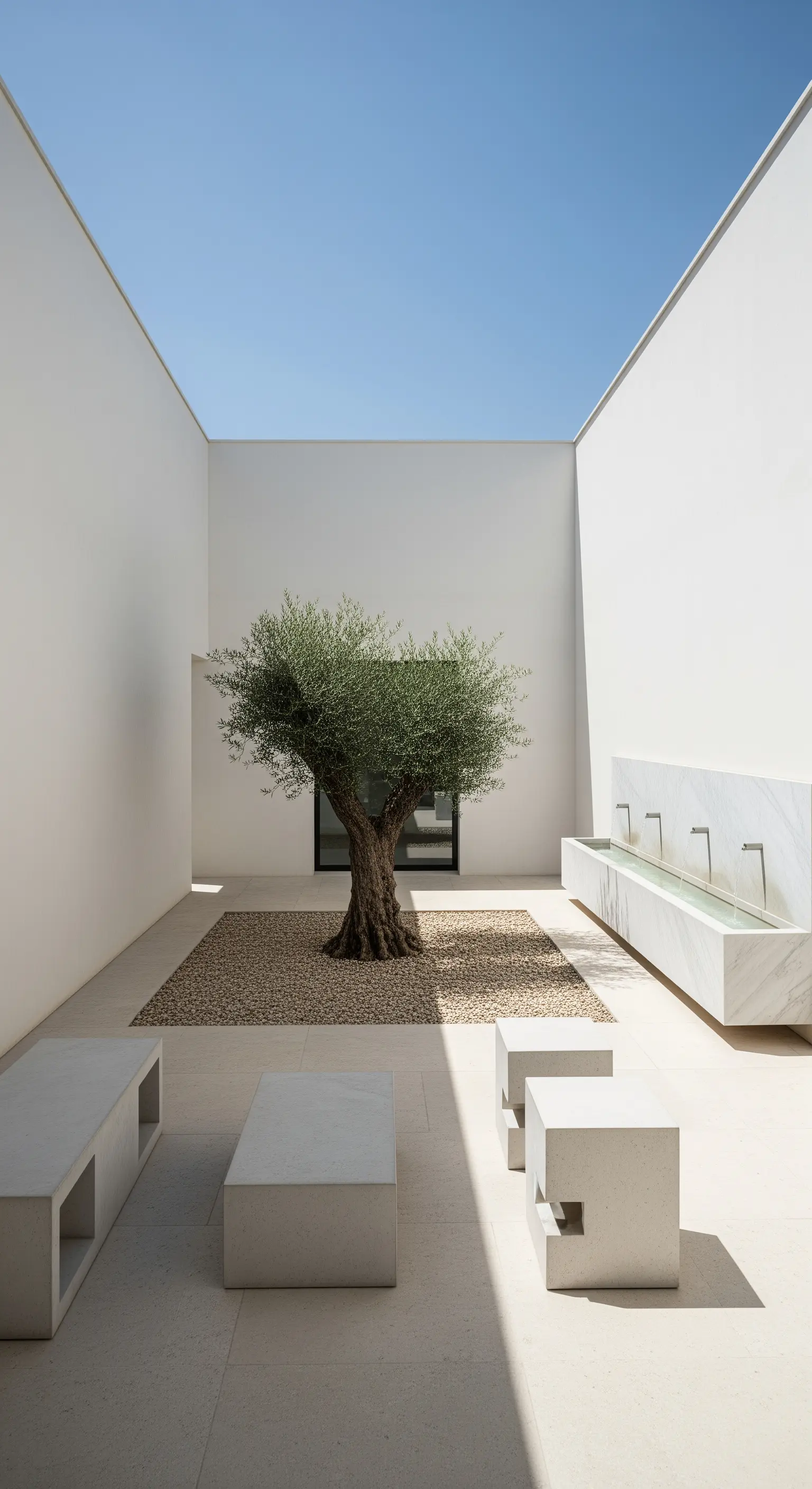Cortile minimalista con pareti bianche, un ulivo centrale, e sedute e fontana in marmo