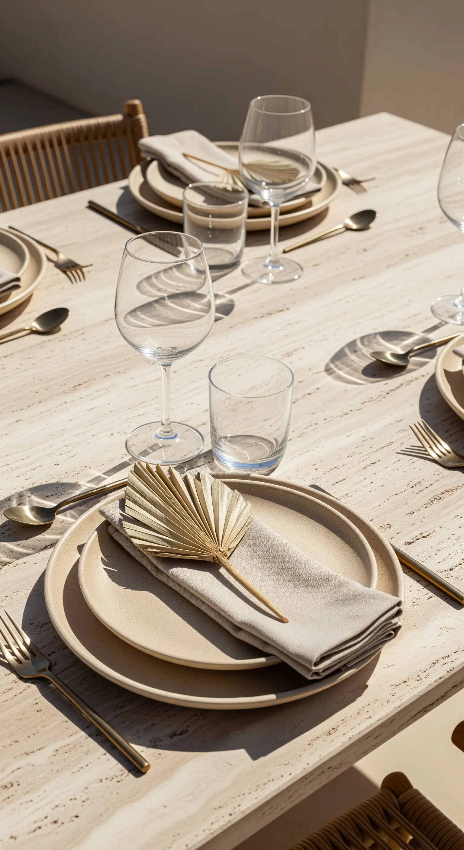 Tavola in travertino con piatti color sabbia e una foglia di palma secca come decorazione.