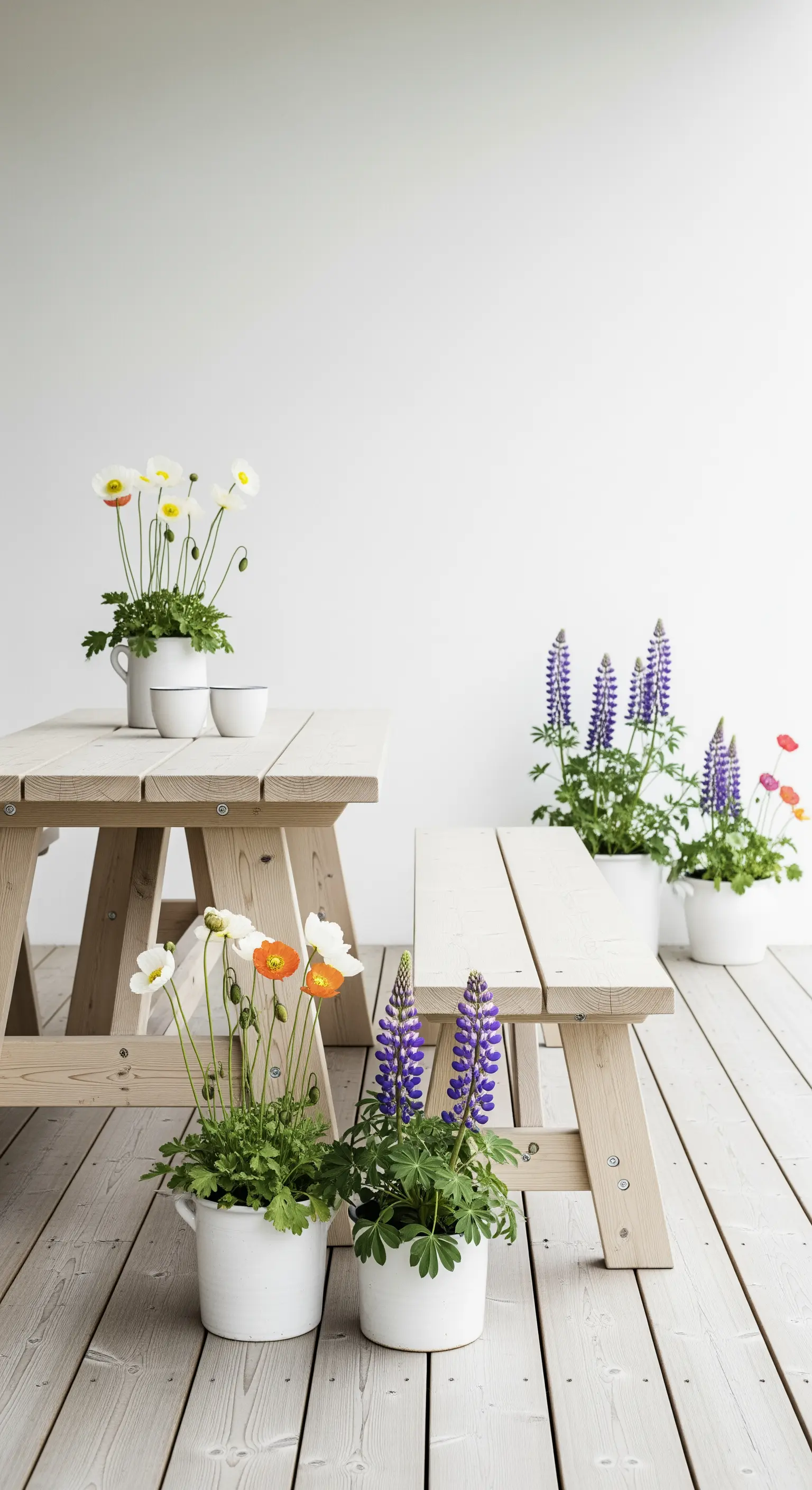 Tavoli da picnic in legno chiaro su un deck bianco, con fiori di campo in brocche smaltate.