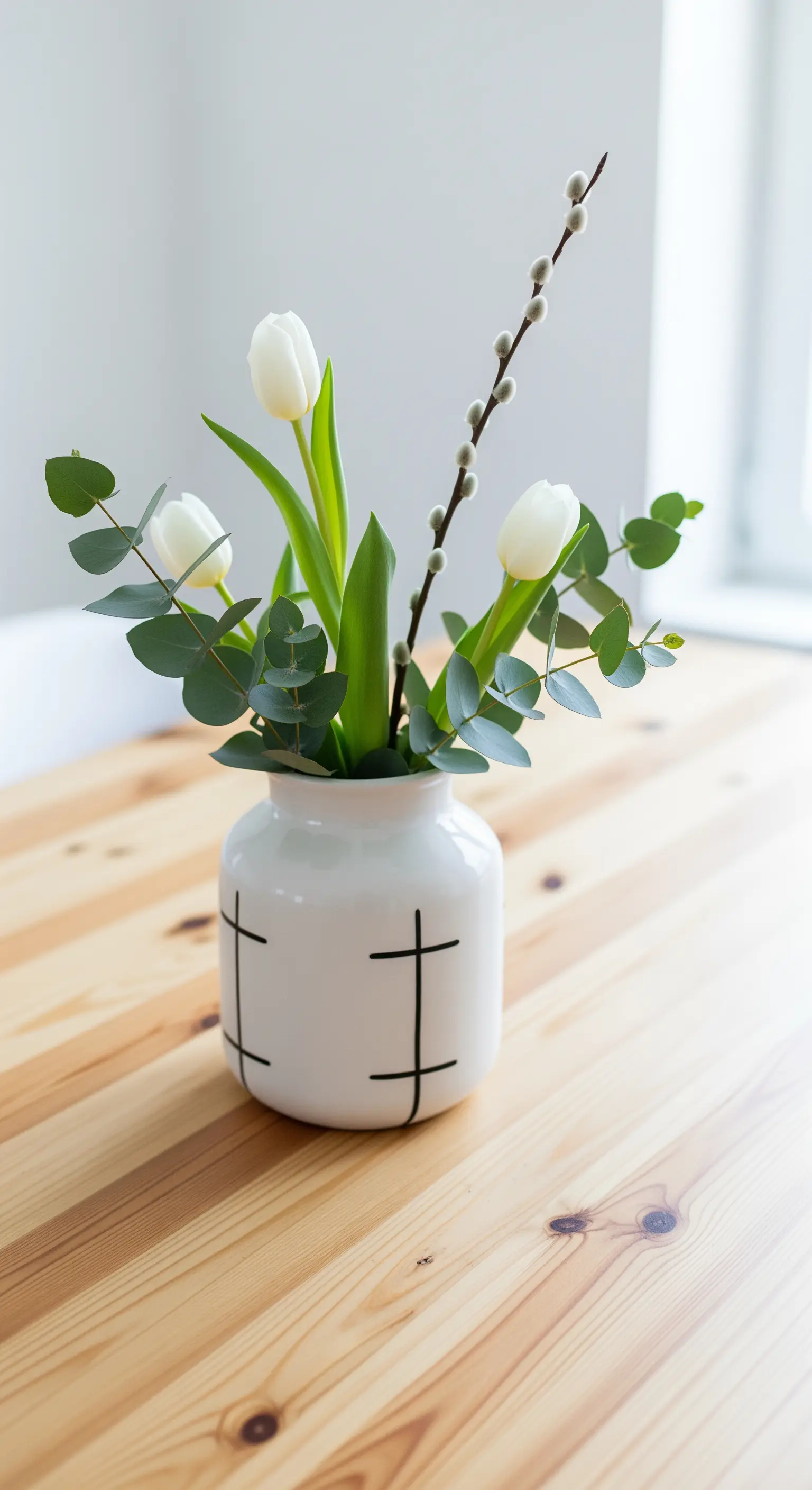Vaso bianco con un motivo grafico a croci nere, contenente tulipani bianchi ed eucalipto.