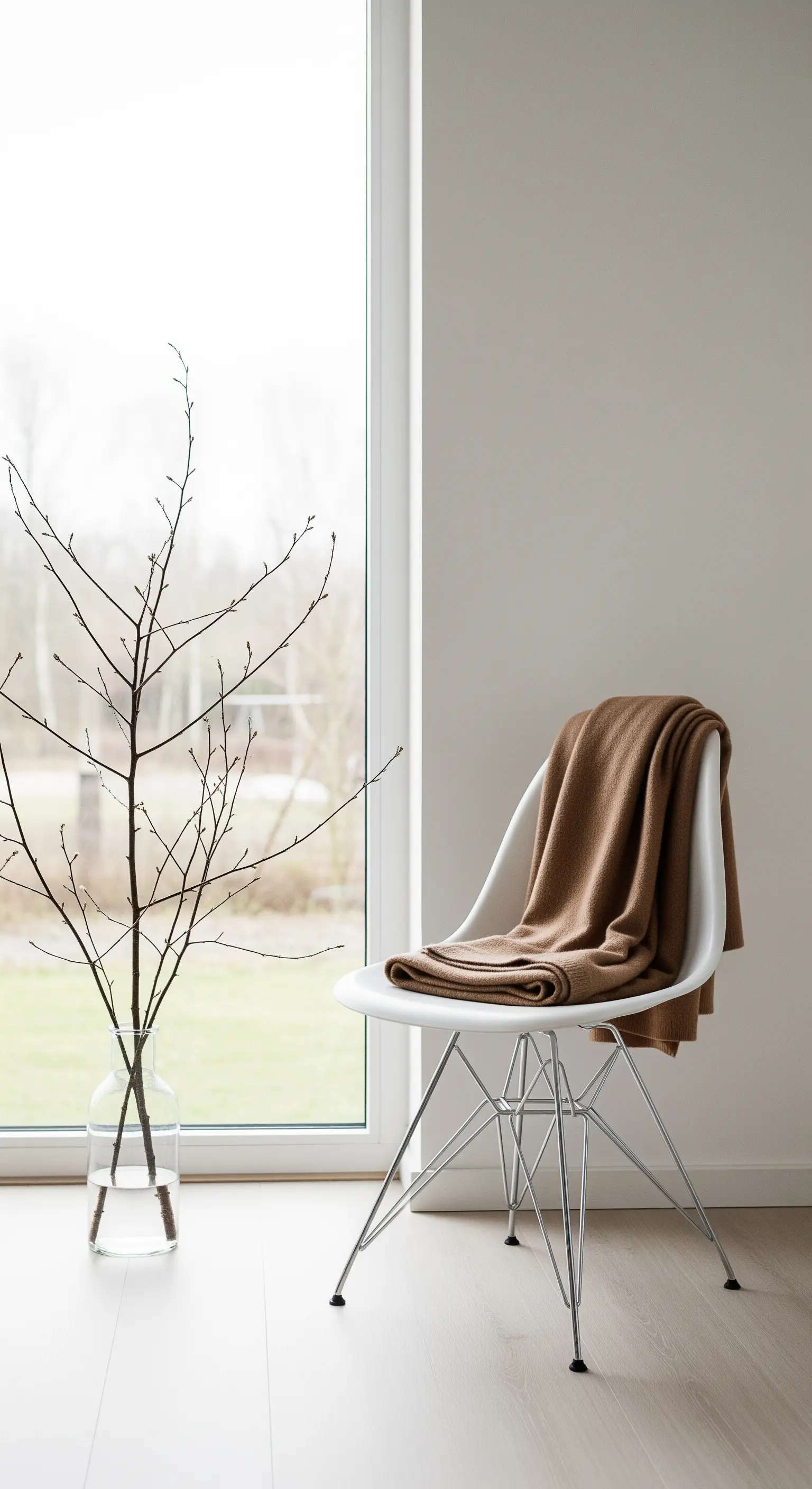Sedia bianca di design con coperta color cammello, accanto a un vaso con rami secchi vicino a una finestra.