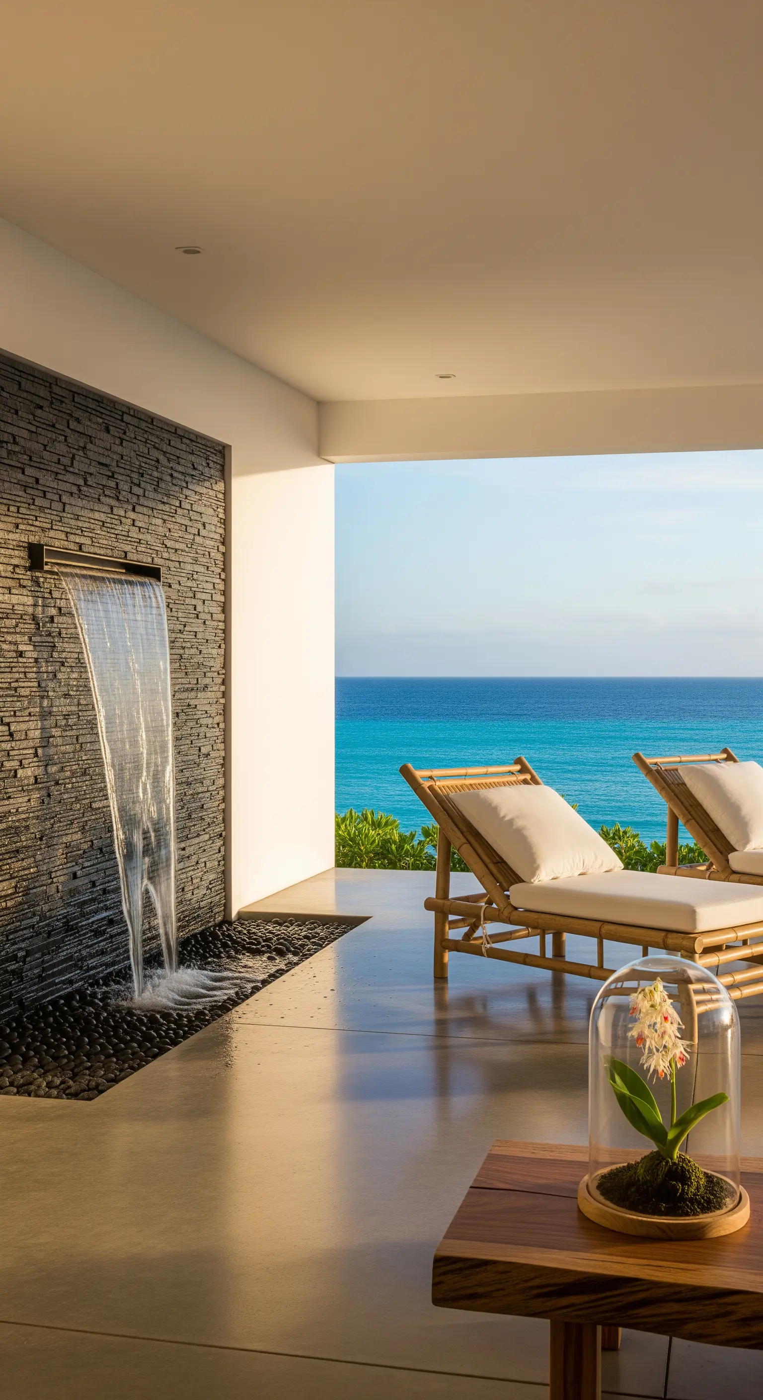 Terrazza minimalista con cascata a lamina su parete in ardesia e lettini in bambù vista mare.