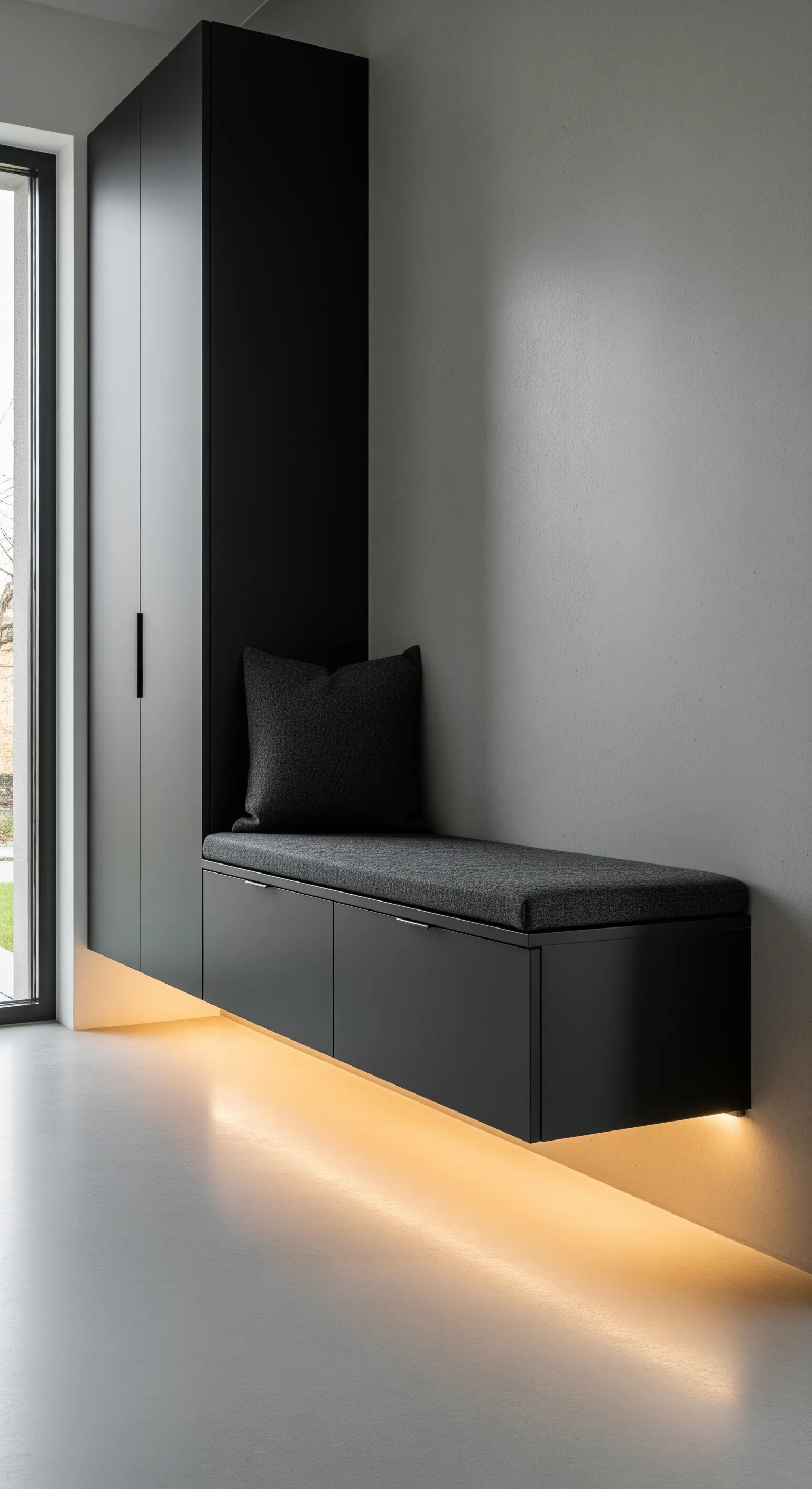 Mobile contenitore nero opaco sospeso con panca integrata e illuminazione a LED sottostante.
