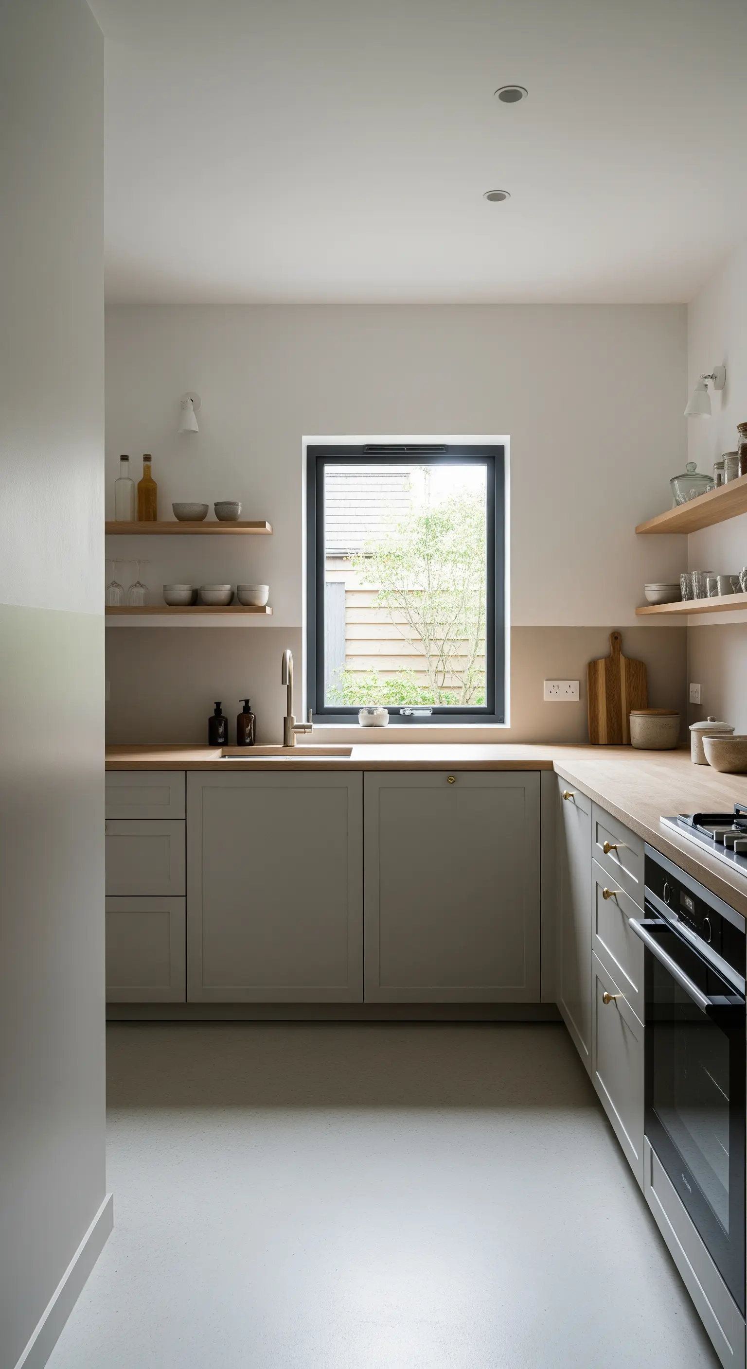 Cucina minimalista con mobili grigi e una fascia di colore beige che corre lungo le pareti.