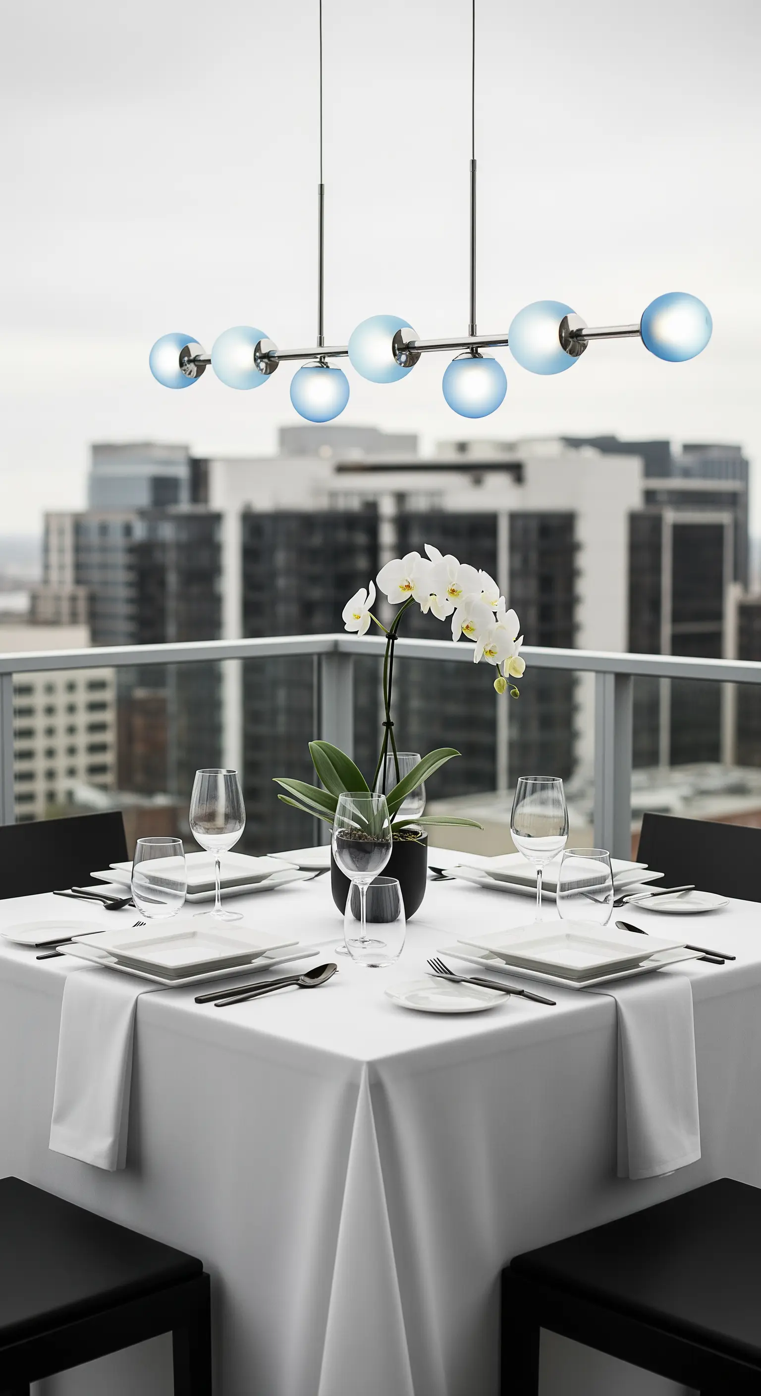 Tavola minimalista in terrazza con orchidea bianca e lampadario di design con sfere blu.