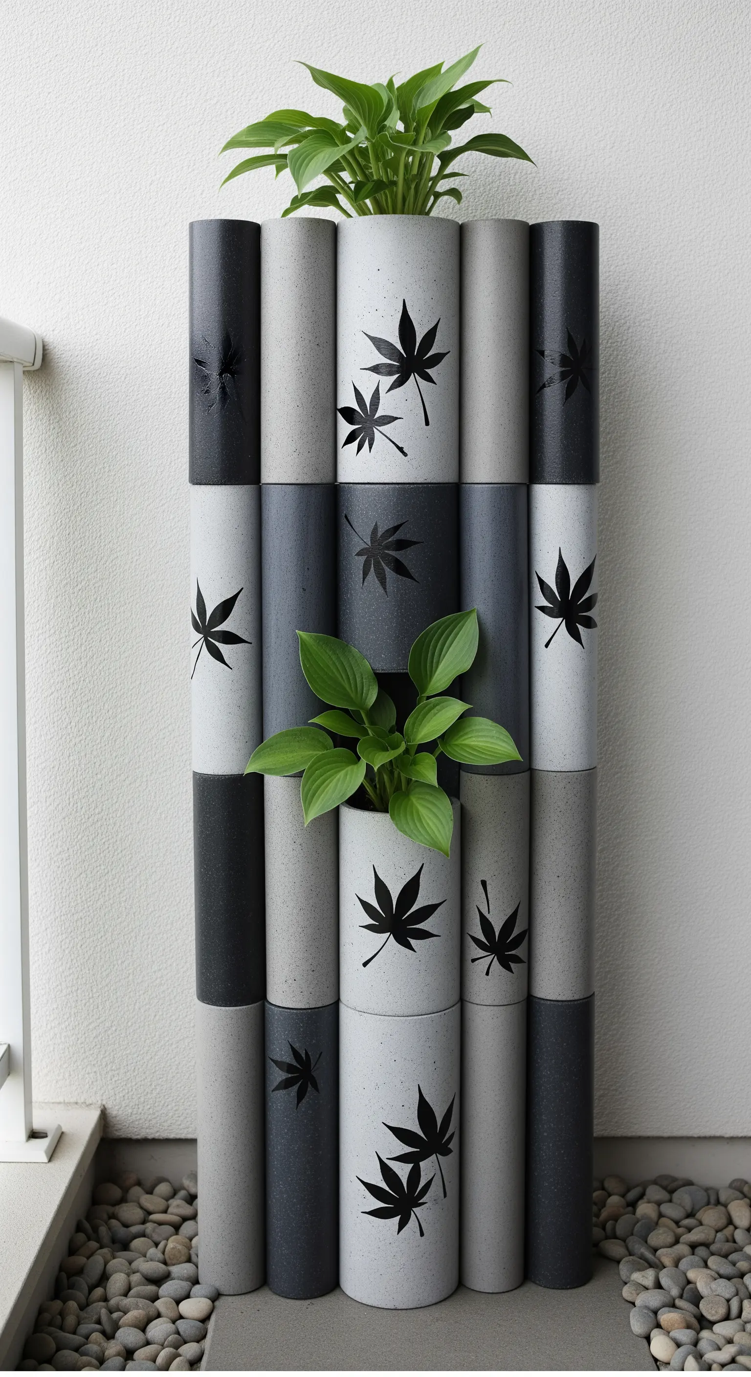 Gruppo di tubi in PVC verniciati con effetto pietra grigia e decorati con foglie d'acero.