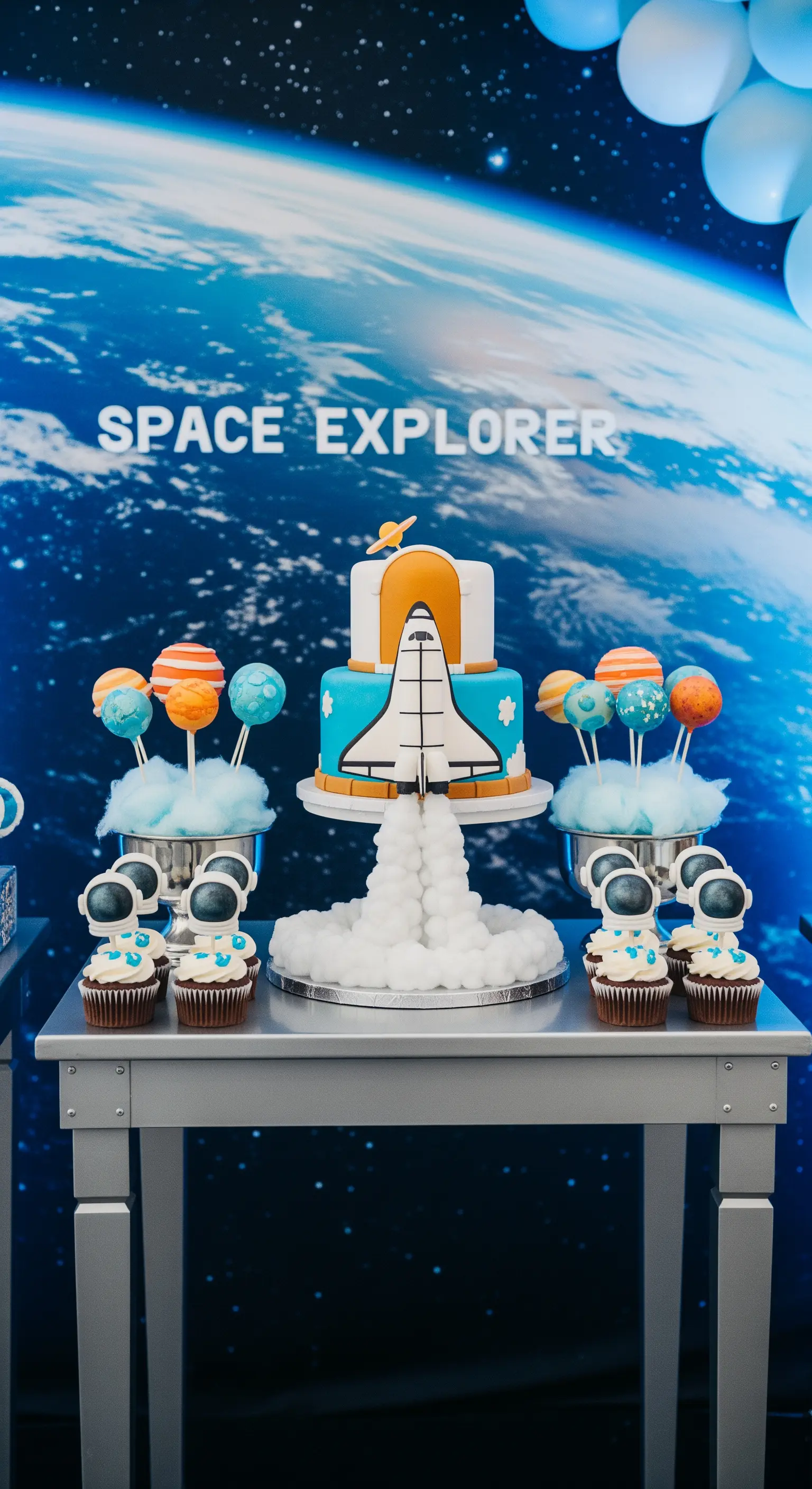 Sweet table a tema spazio con torta a forma di shuttle, pianeti e sfondo con la Terra