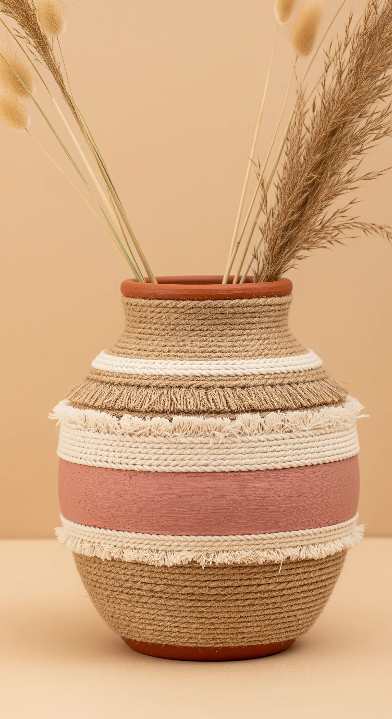 Grande vaso di terracotta decorato con fasce alternate di corda, pittura e frange.