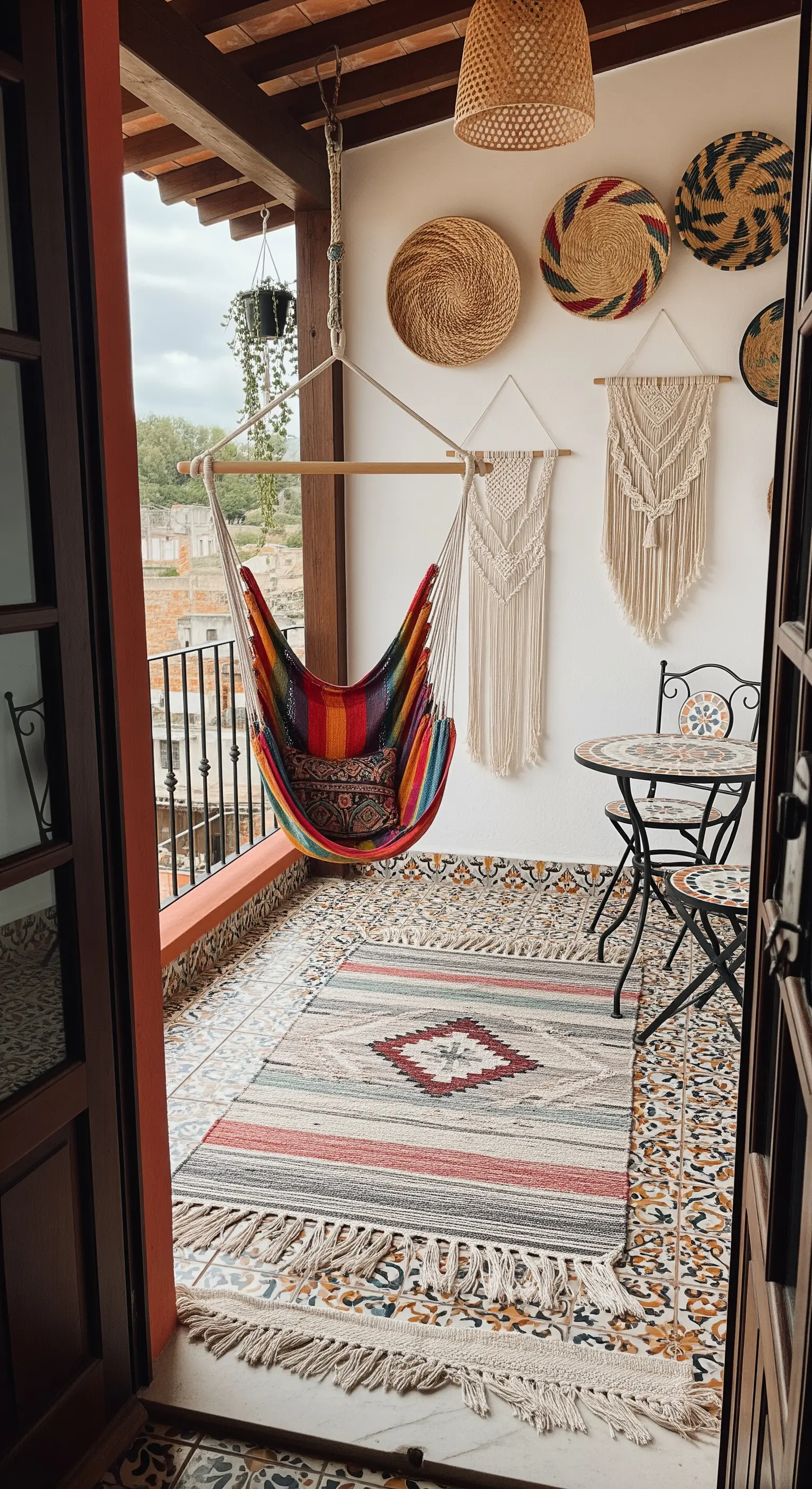 Balcone con pavimento in cementine, amaca-sedia colorata e decorazioni murali in macramè.