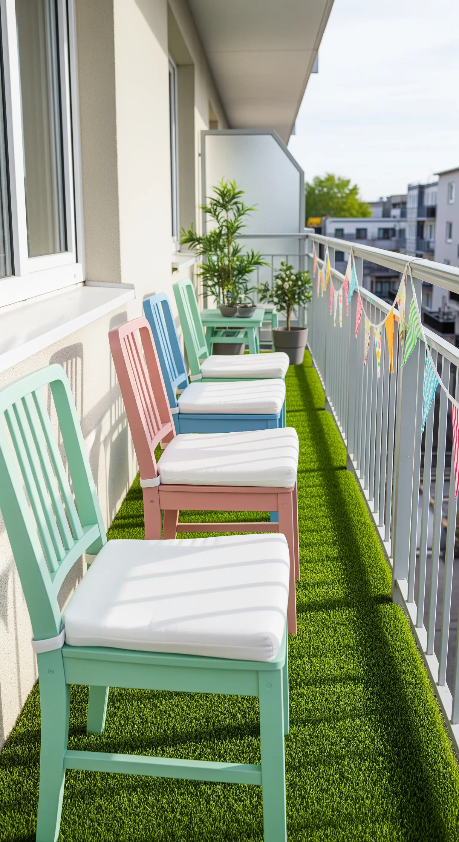 Sedie in legno di diversi colori pastello allineate su un balcone con erba sintetica.