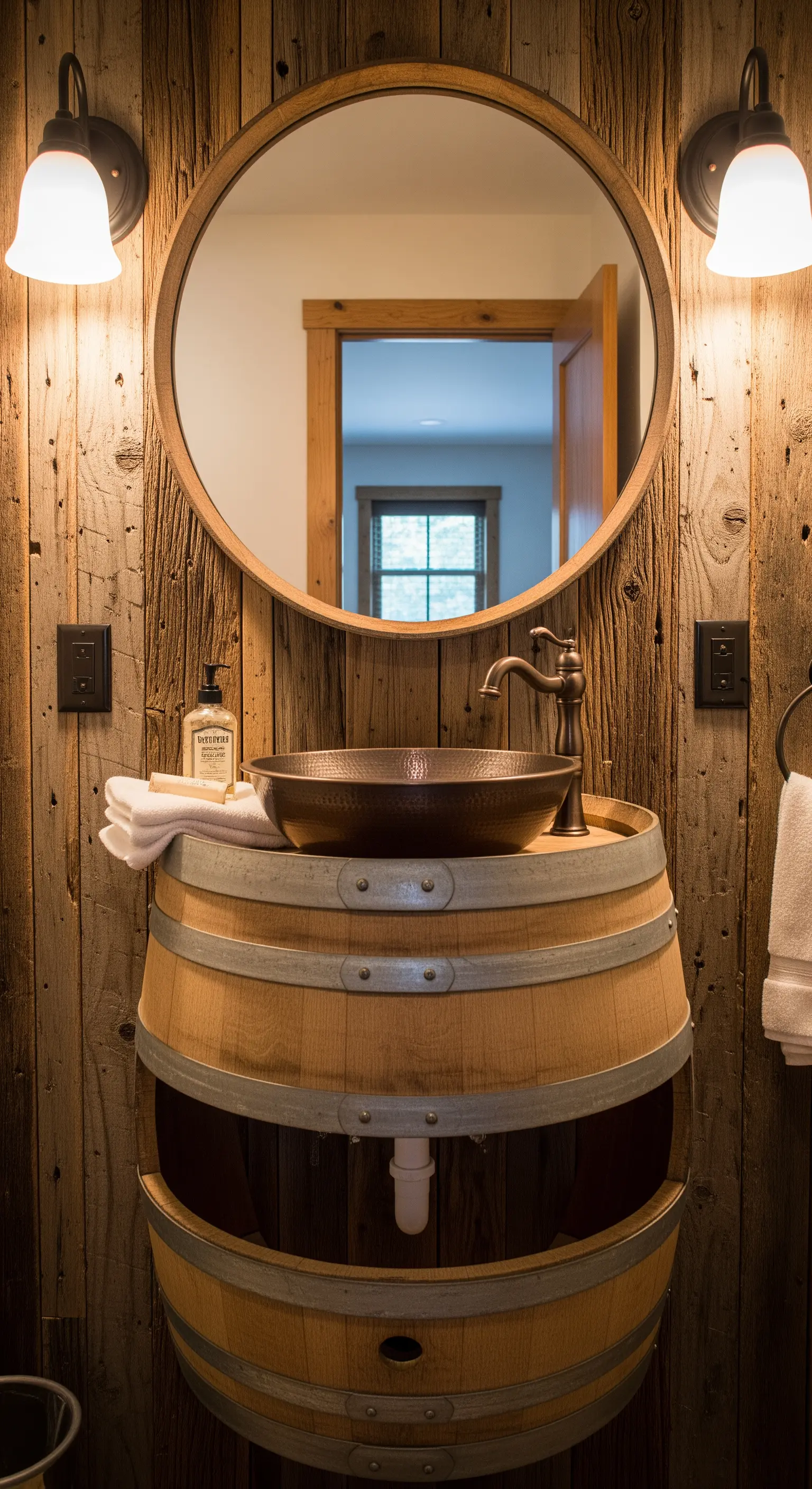 Botte di vino trasformata in mobile da bagno con lavabo a ciotola in rame.