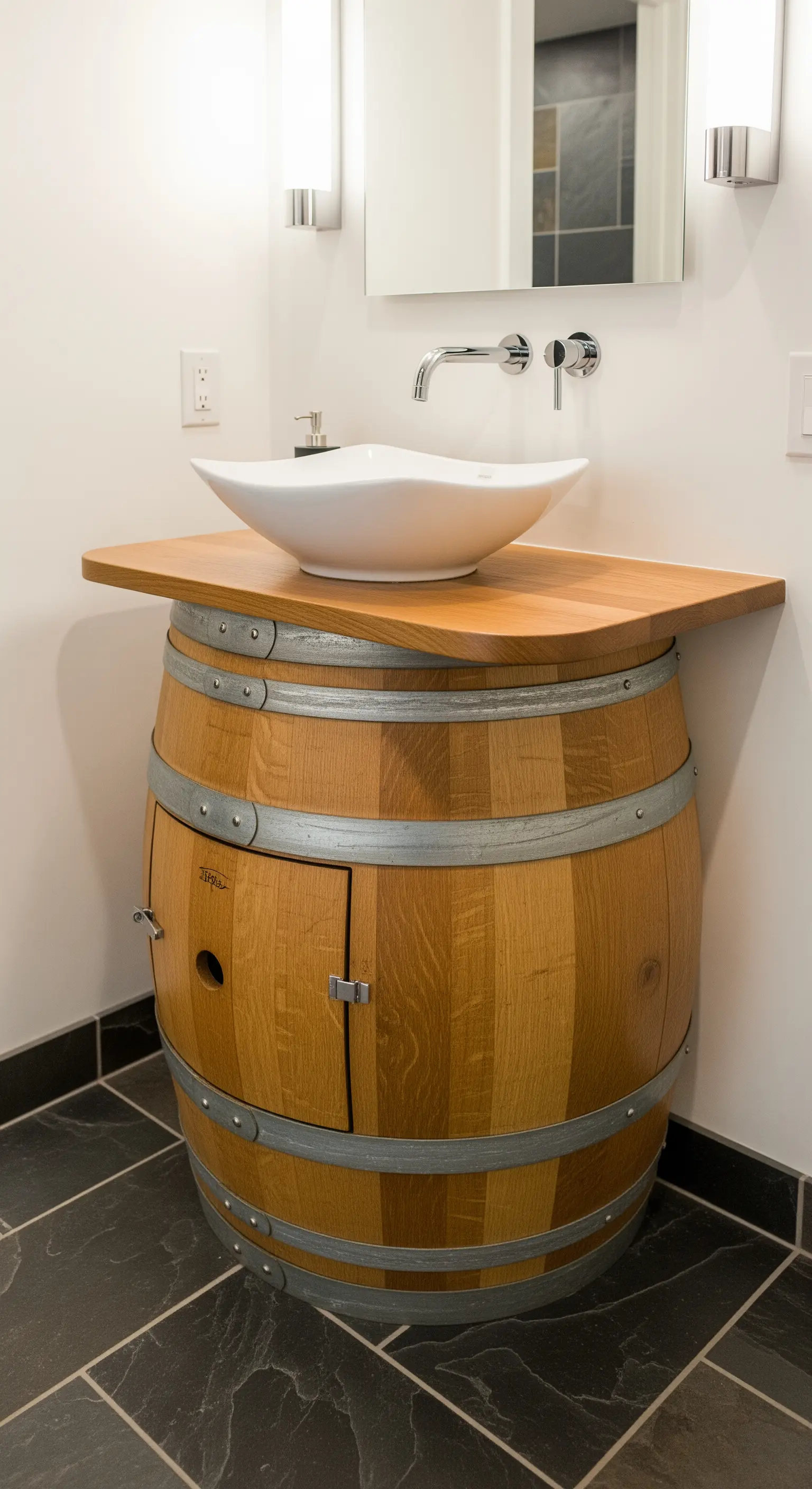 Botte di vino usata come base per un lavabo da appoggio in un bagno moderno.