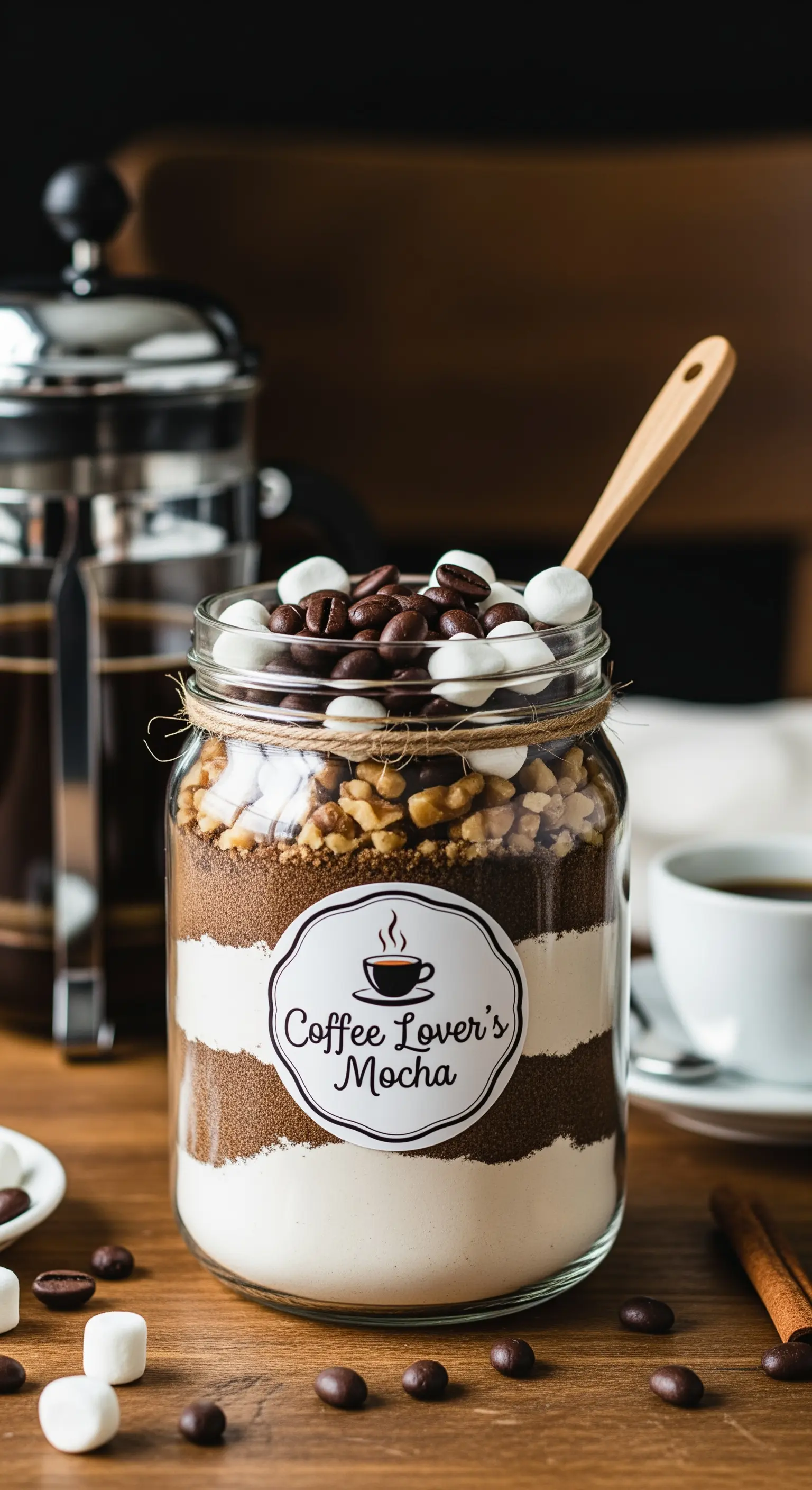 Barattolo per biscotti al caffè e noci con etichetta a tema e un piccolo mestolo di legno.