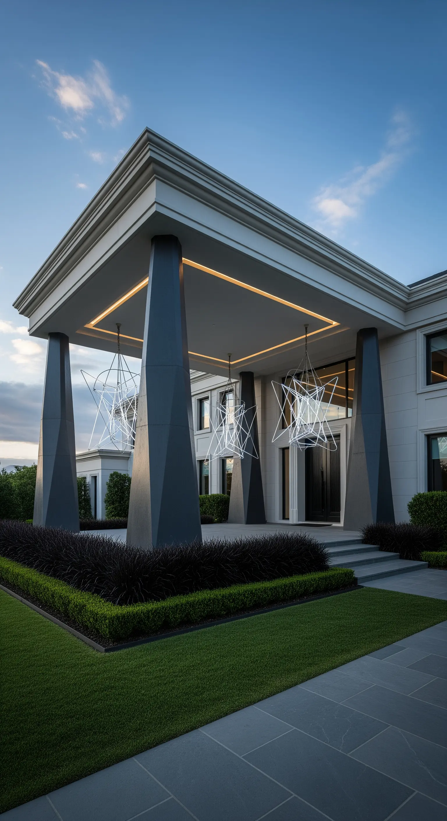 Ingresso moderno con colonne geometriche grigie, illuminazione LED integrata e lampadari astratti
