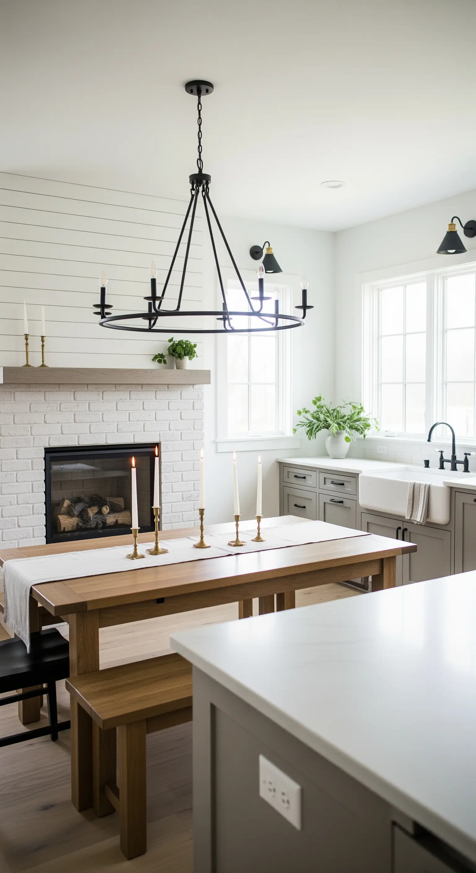 Cucina moderna in stile farmhouse con camino in mattoni bianchi e tavolo in legno chiaro.