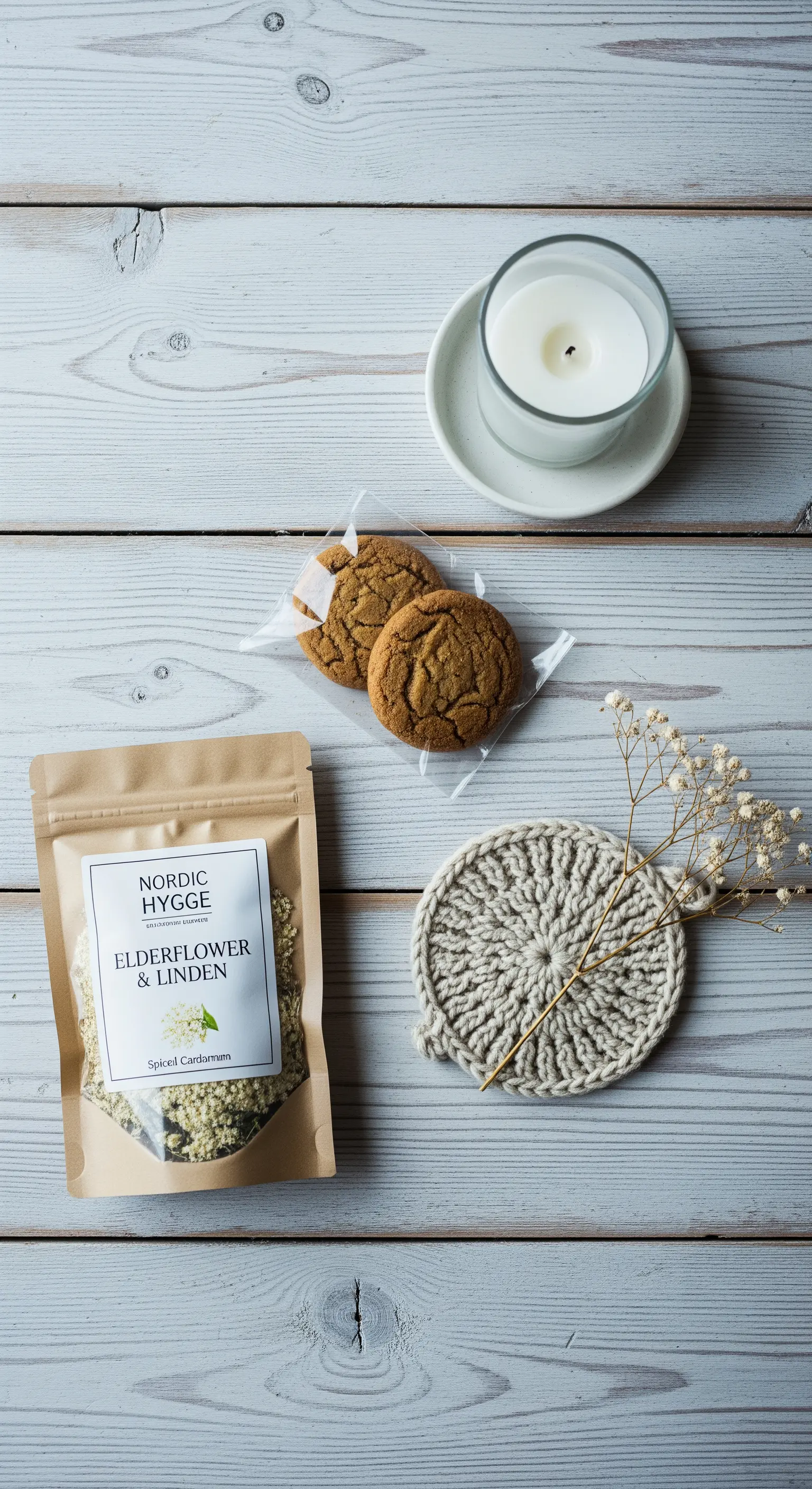 Set regalo in stile scandinavo con tisana, biscotti e sottobicchiere in maglia.