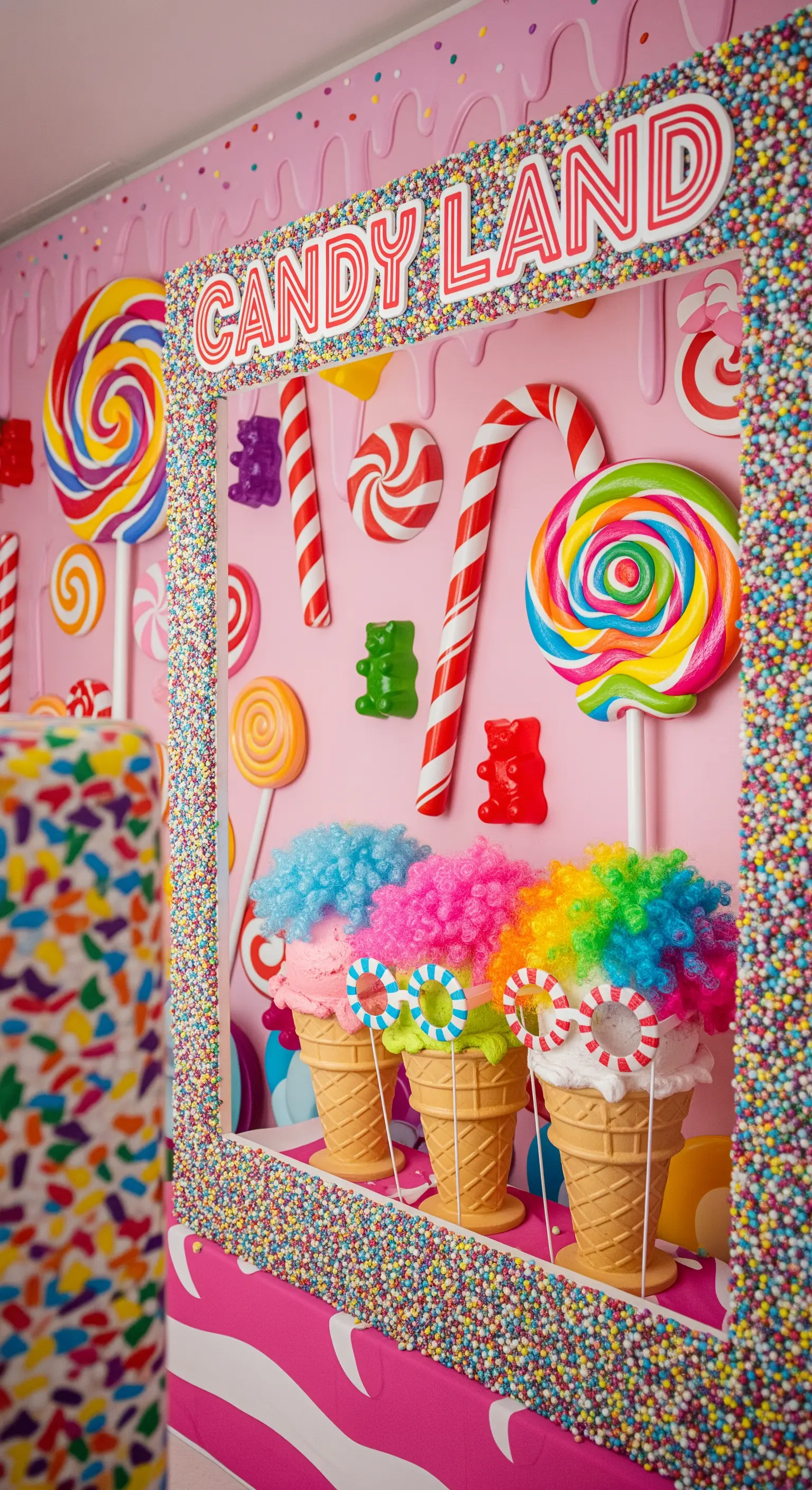 Photo booth a tema caramelle con sfondo rosa, lecca-lecca giganti e cornice ricoperta di zuccherini.