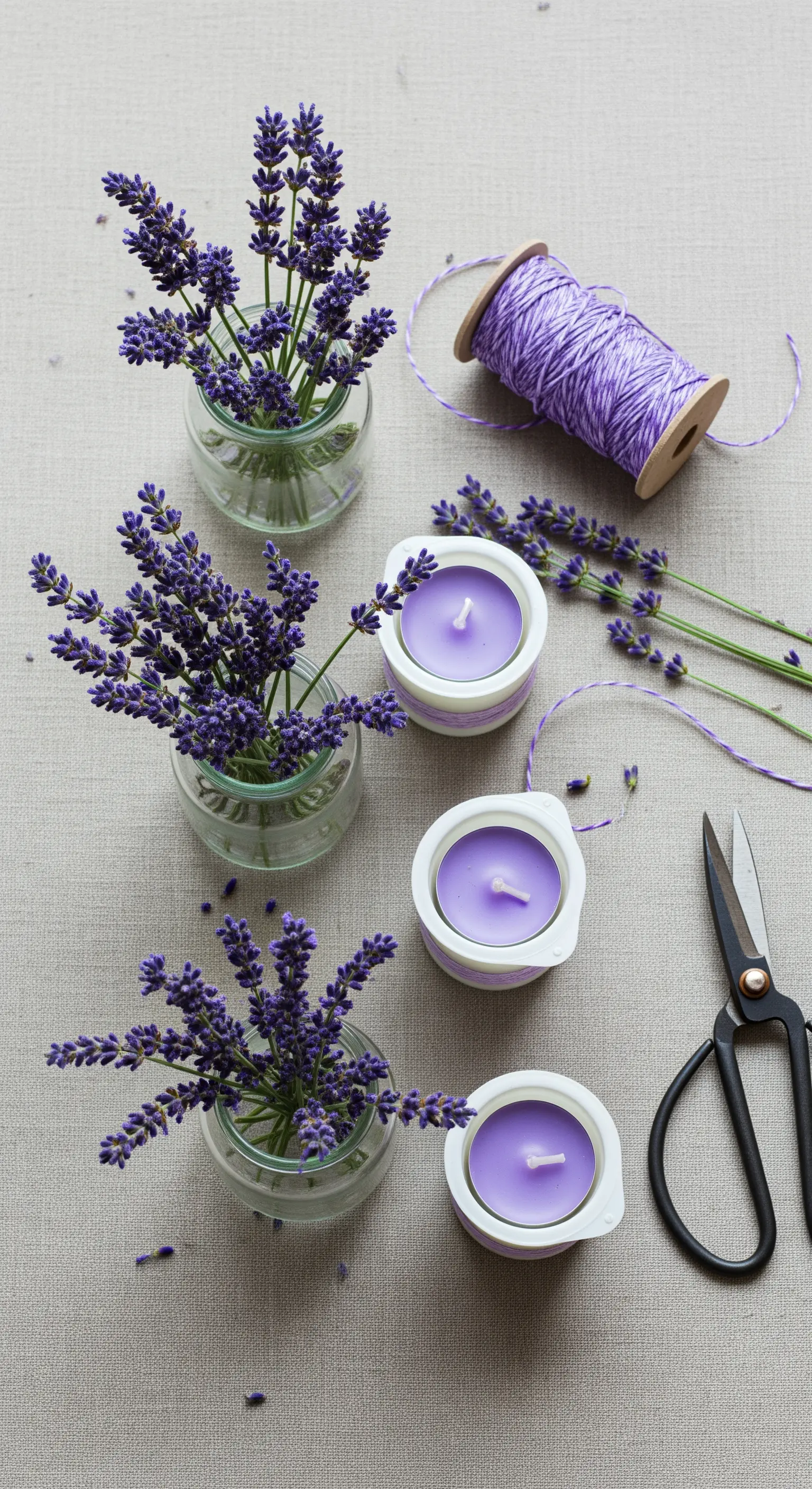 Piccoli vasetti con lavanda fresca e candele viola coordinate su un tavolo di lino.