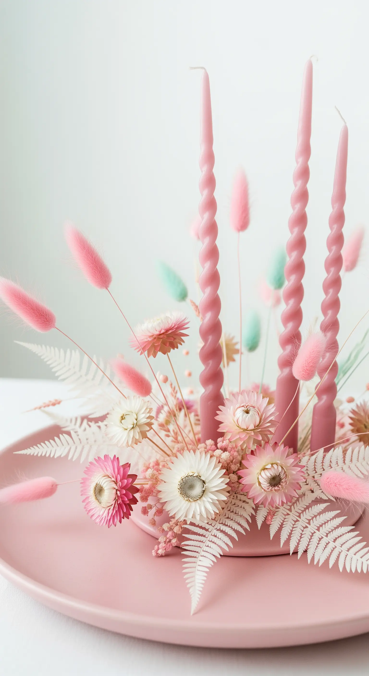 Centrotavola monocromatico rosa con candele a spirale e fiori di paglia secchi.