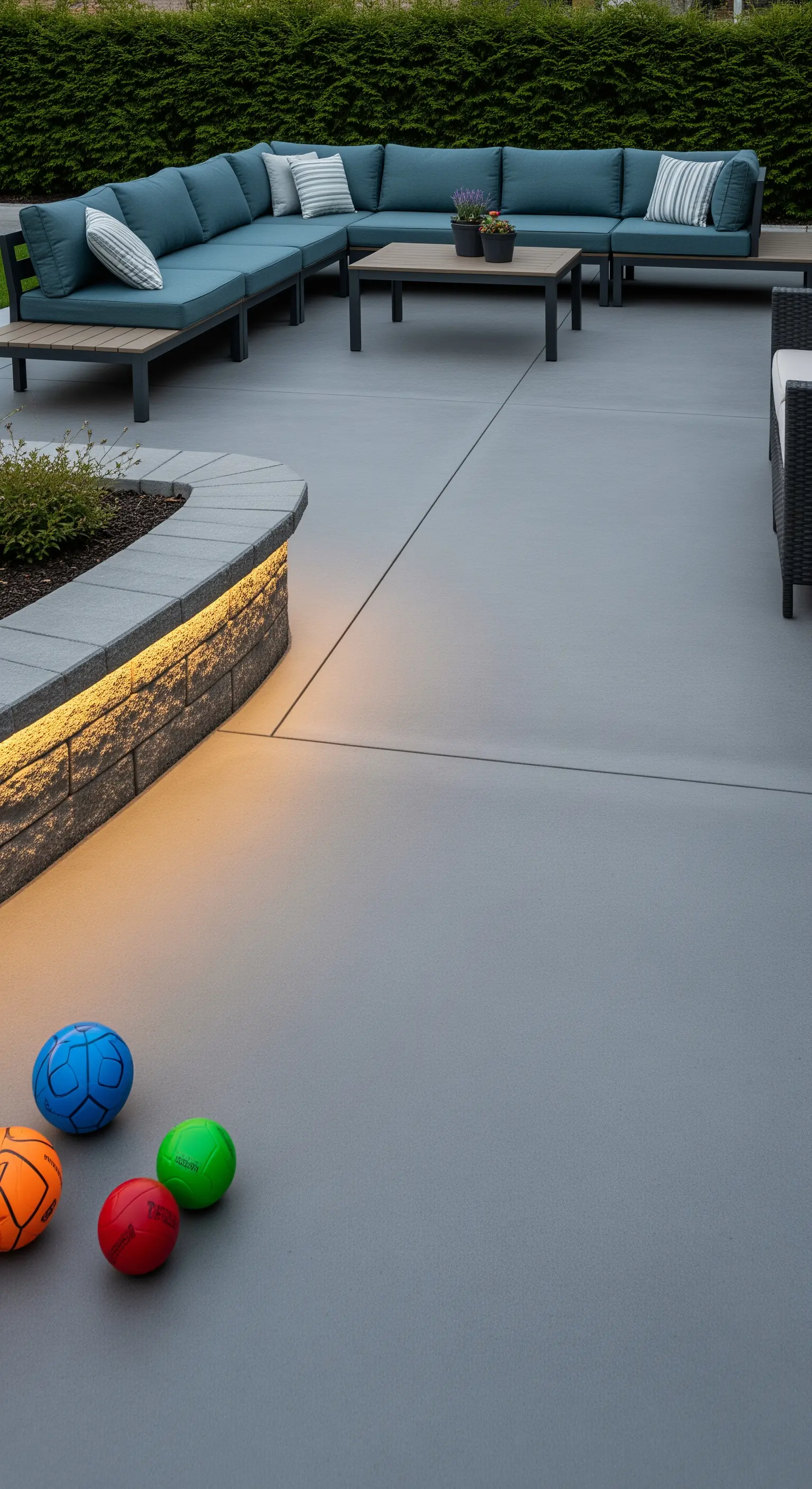 Patio in cemento con grande divano blu e un muretto curvo in pietra illuminato dal basso.