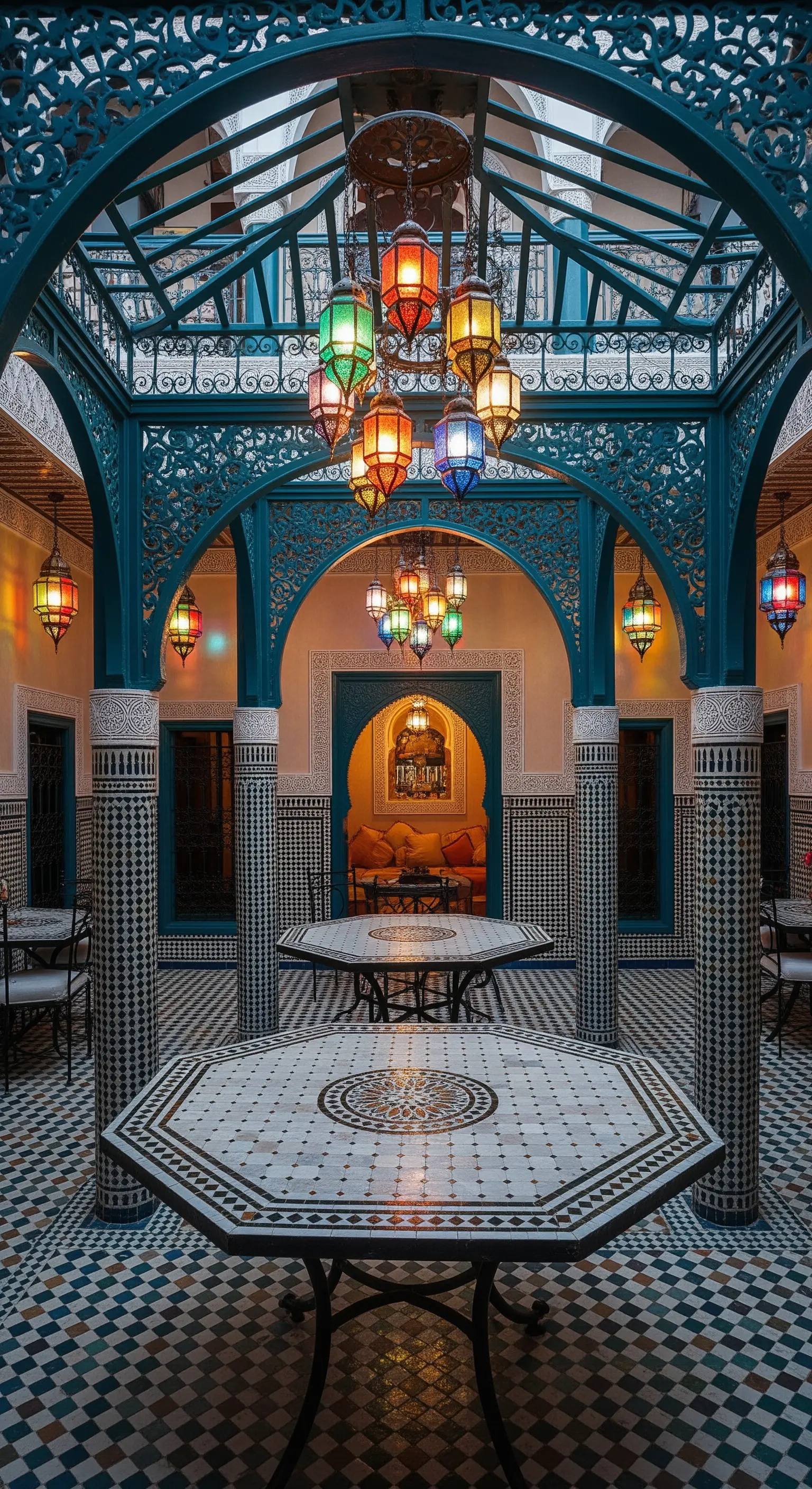 Cortile in stile marocchino con colonne a mosaico, archi blu e lanterne colorate.