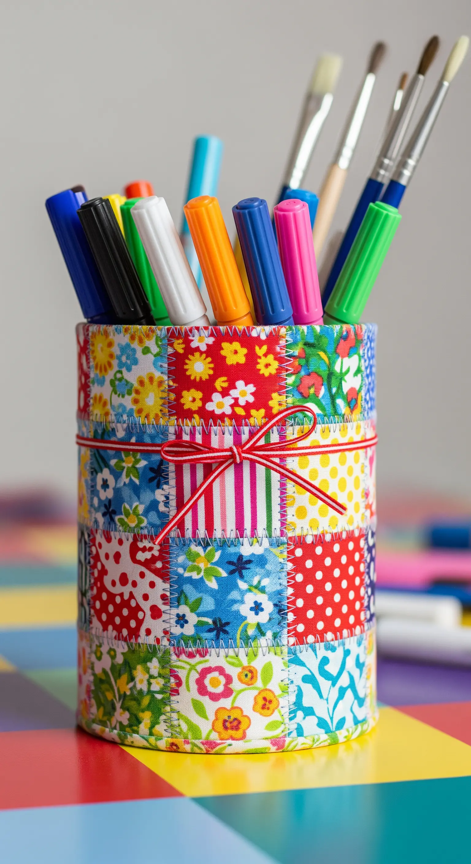 Portamatite rivestito con un tessuto patchwork molto colorato e legato con un cordino.