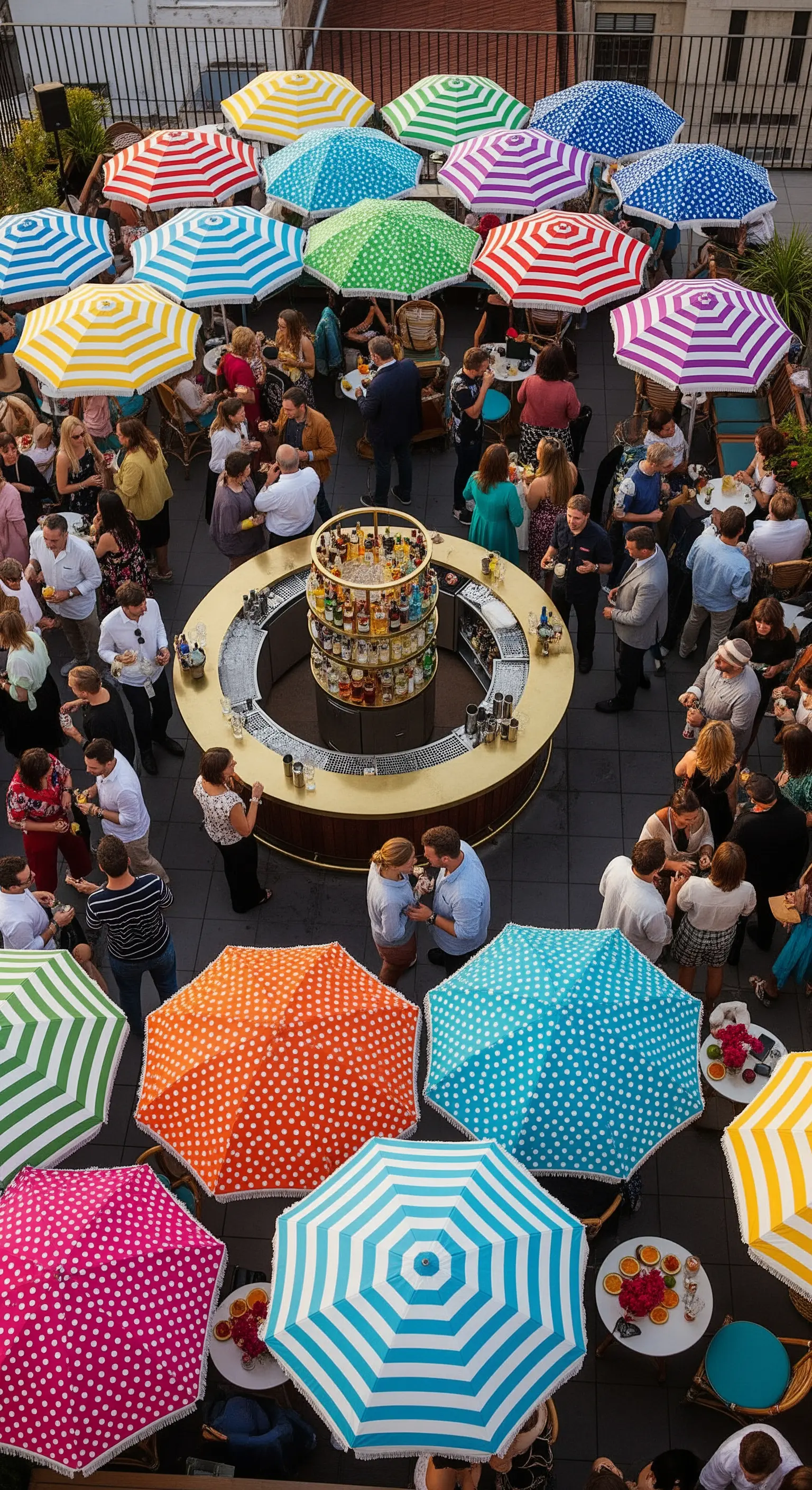 Terrazza affollata vista dall'alto con un mosaico di ombrelloni colorati e un bar circolare