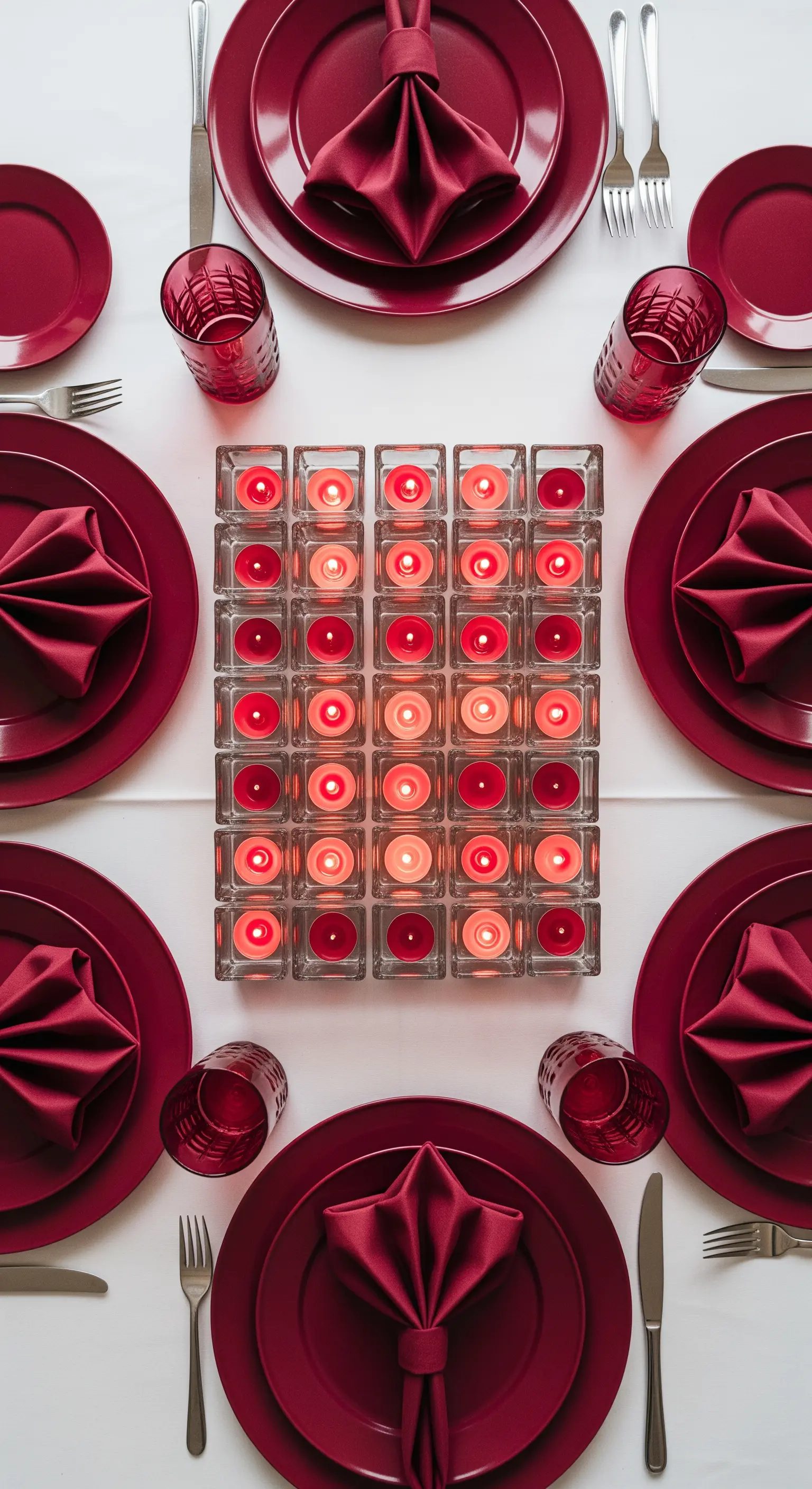 Centrotavola composto da una griglia di candele rosse su tavola monocromatica.