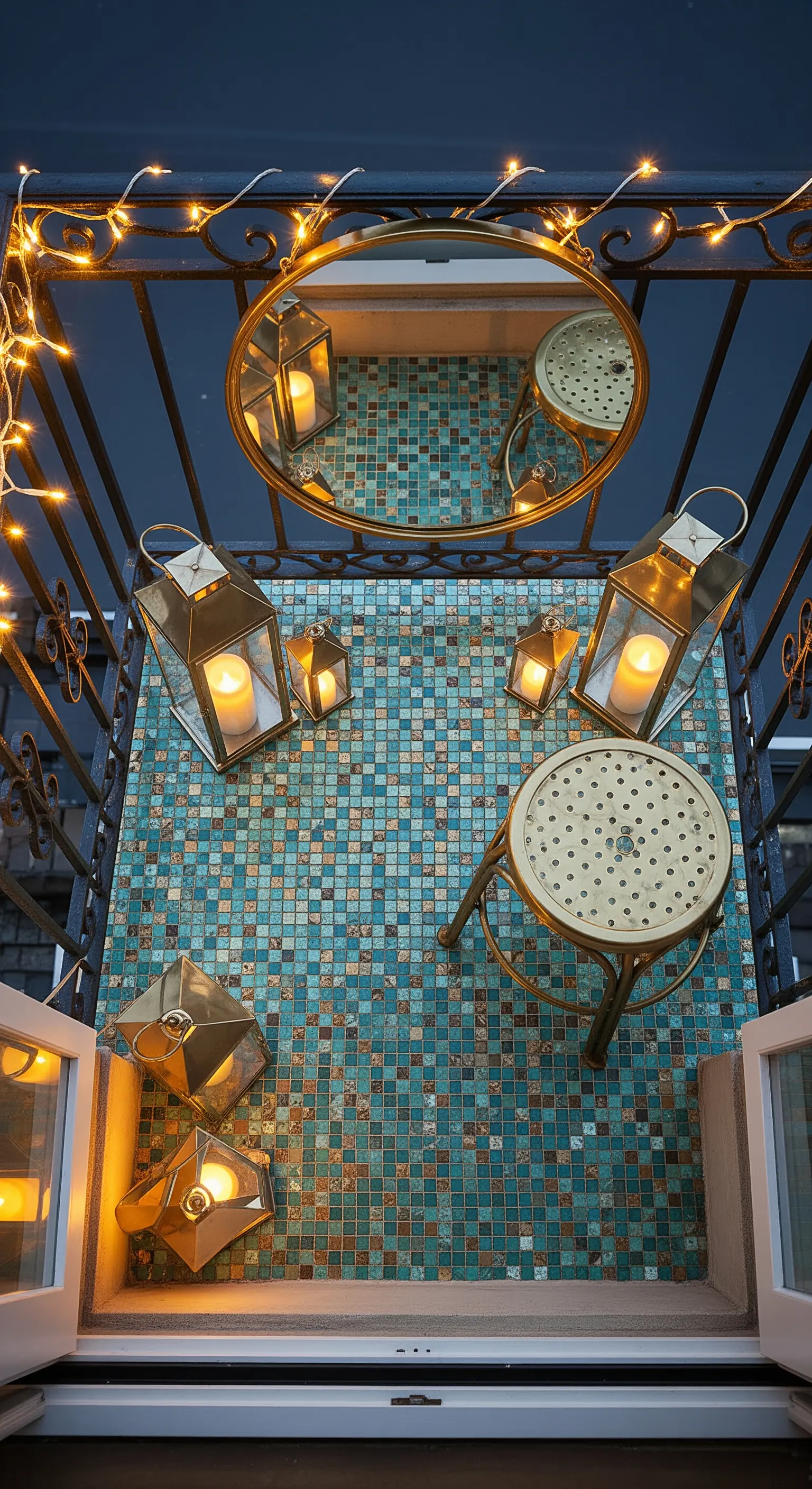 Balcone con pavimento a mosaico blu, specchio rotondo e lanterne dorate con candele